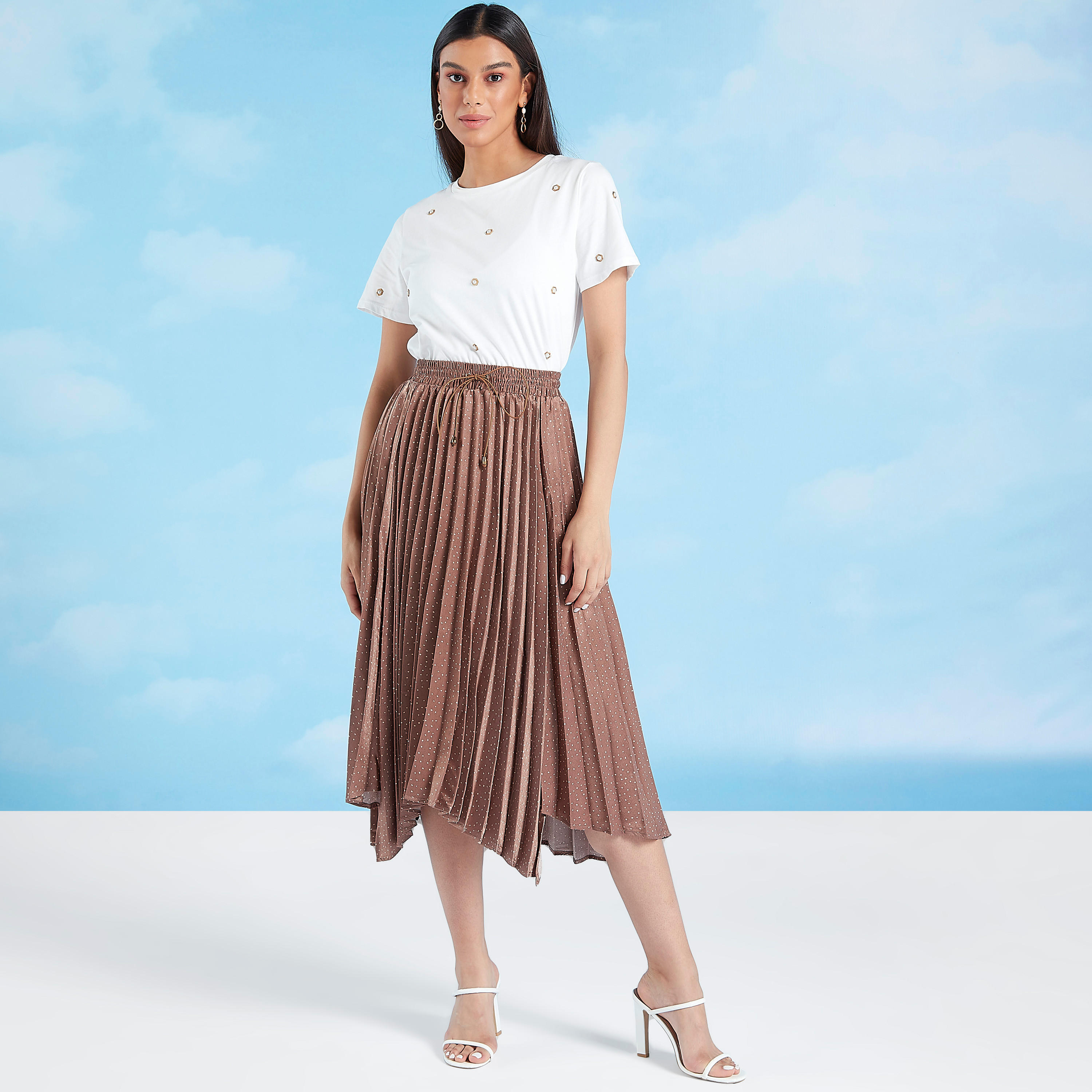 تنورة إيه لاين متوسطة الطول بطول غير مستوي بخصر مطاطي بتفاصيل مثنية-women-clothing-bottoms-skirts-image-2