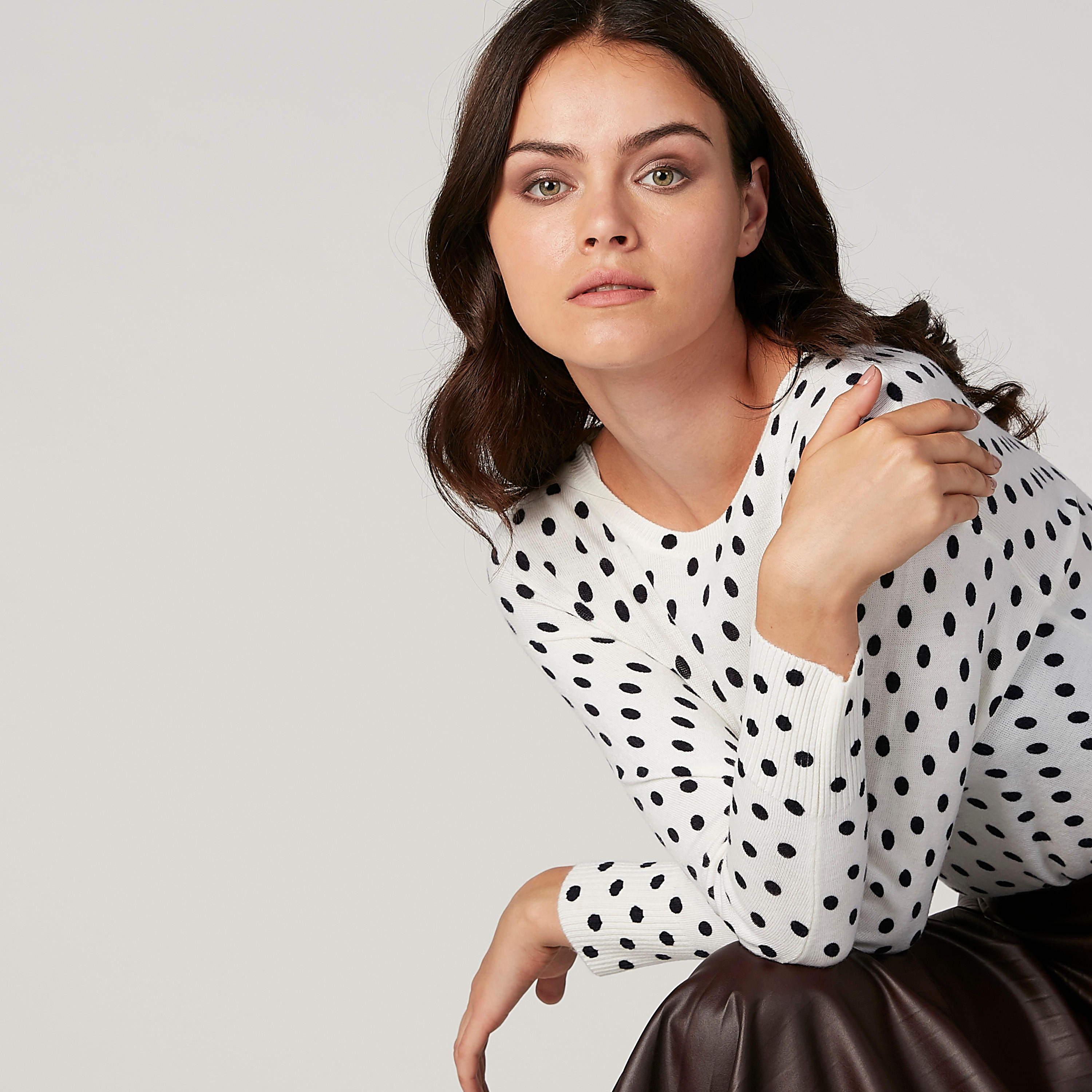 Polka Dot Printed Sweater with Round Neck and Long Sleeves-women-clothing-cardigansandjumpers-jumpers-image-2