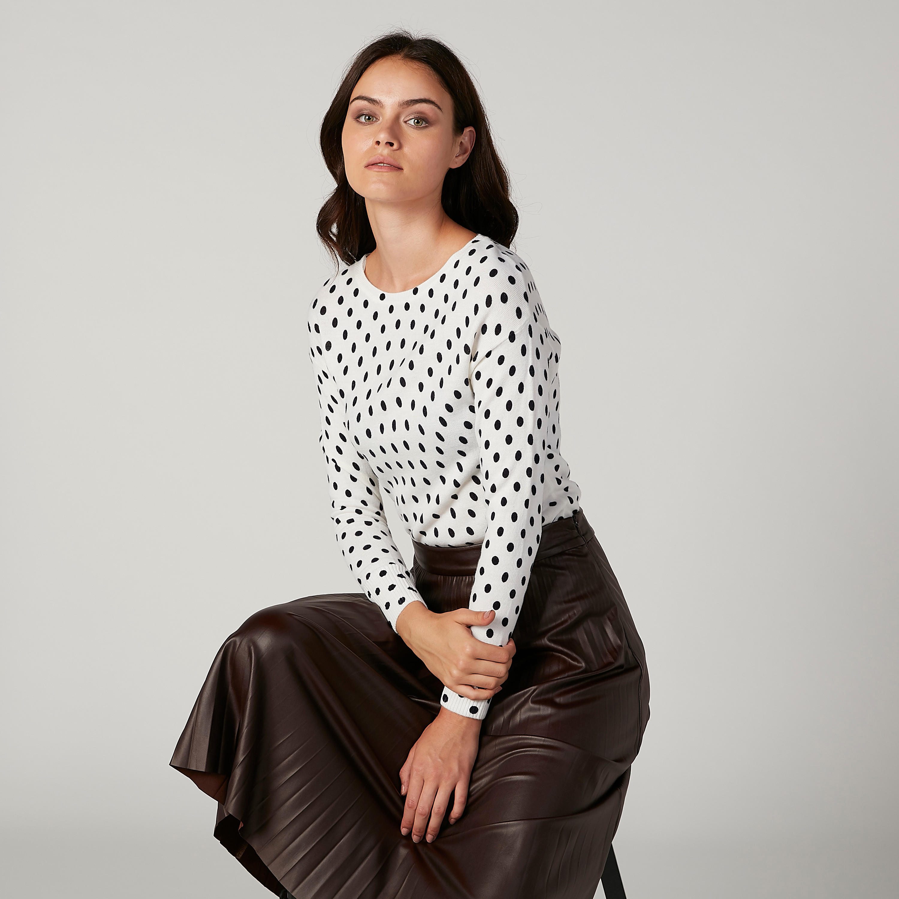 Polka Dot Printed Sweater with Round Neck and Long Sleeves-women-clothing-cardigansandjumpers-jumpers-image-5
