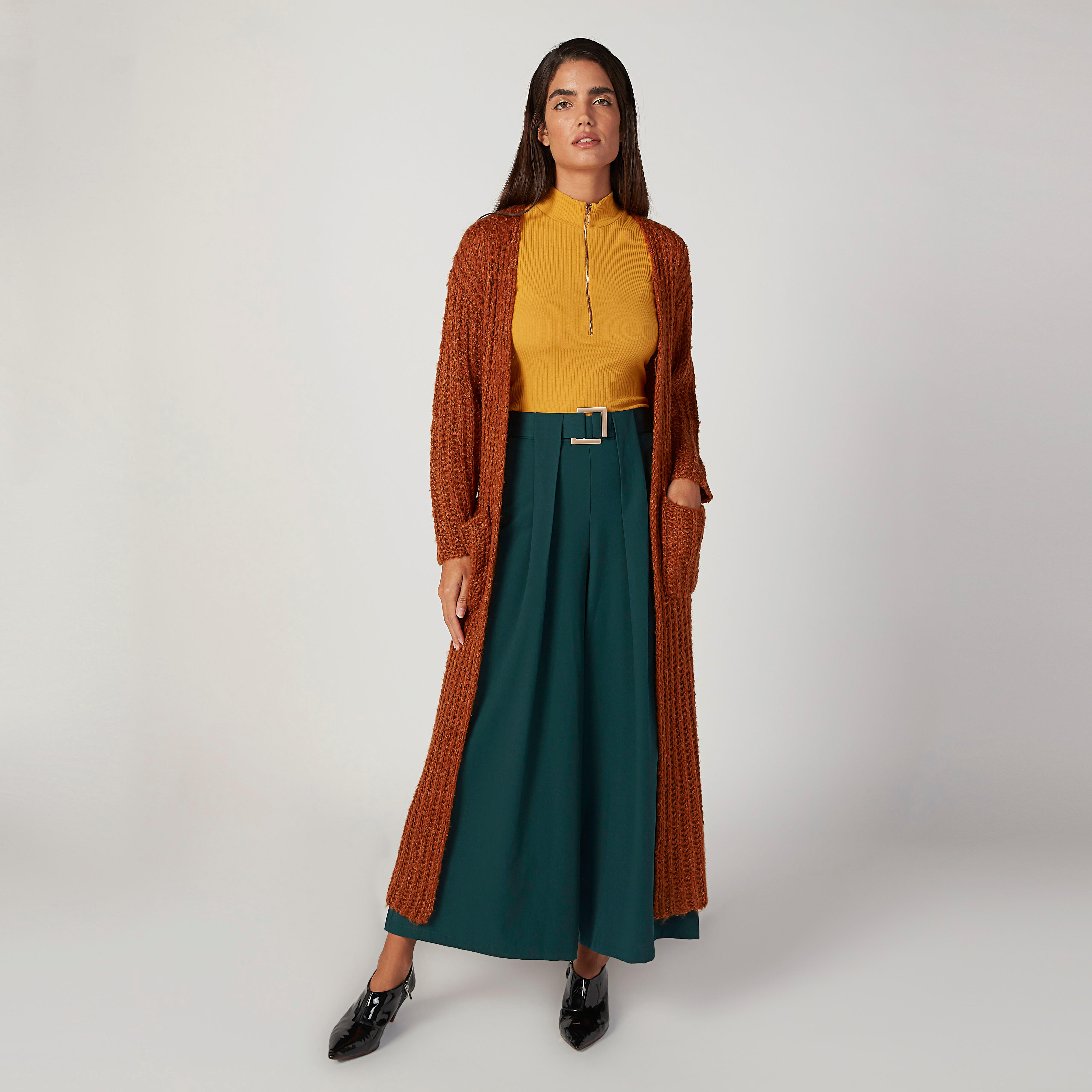 كارديجان طويل بارز الملمس بأكمام طويلة وجيوب-women-winterwear-cardigansandjumpers-cardigans-image-1