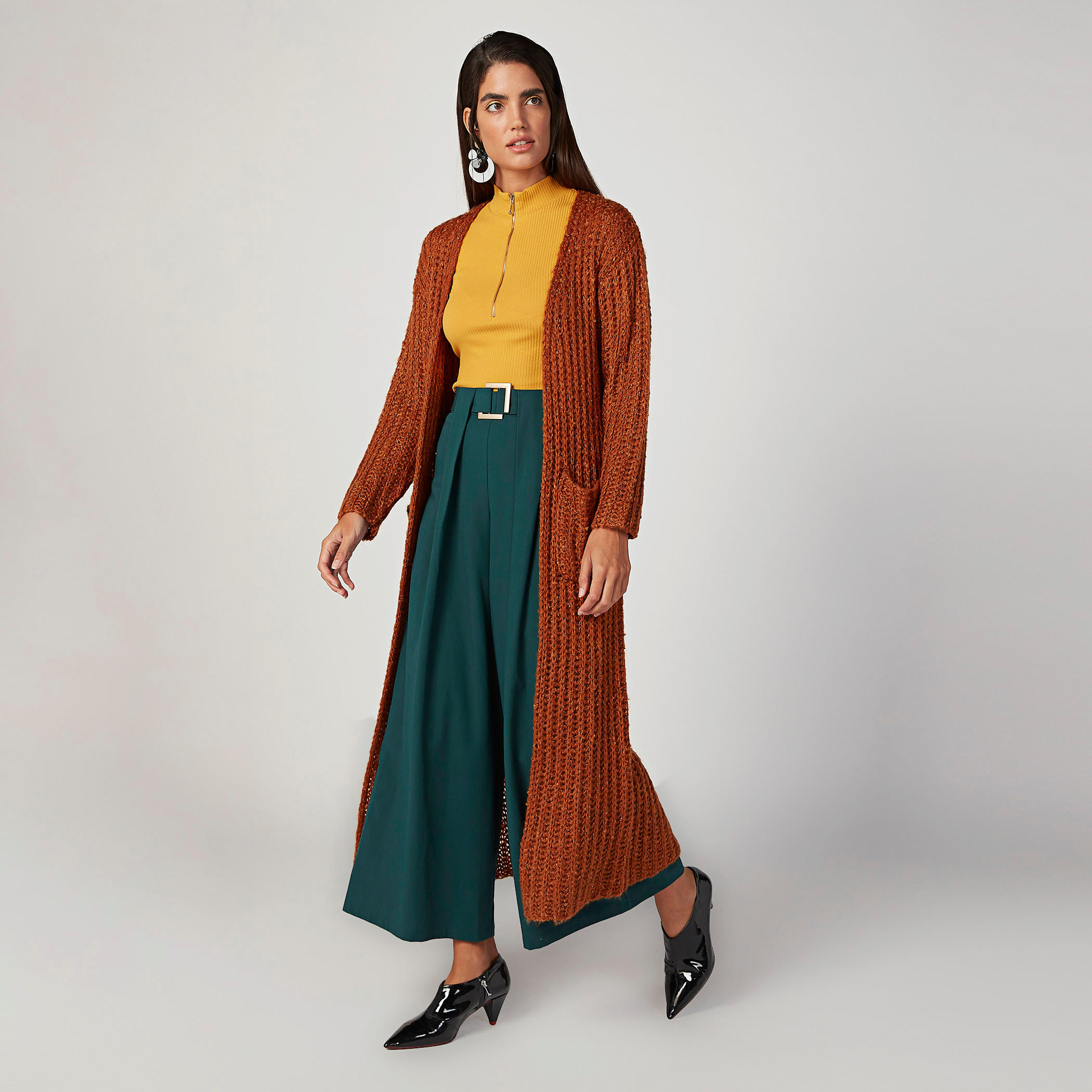 كارديجان طويل بارز الملمس بأكمام طويلة وجيوب-women-winterwear-cardigansandjumpers-cardigans-image-2