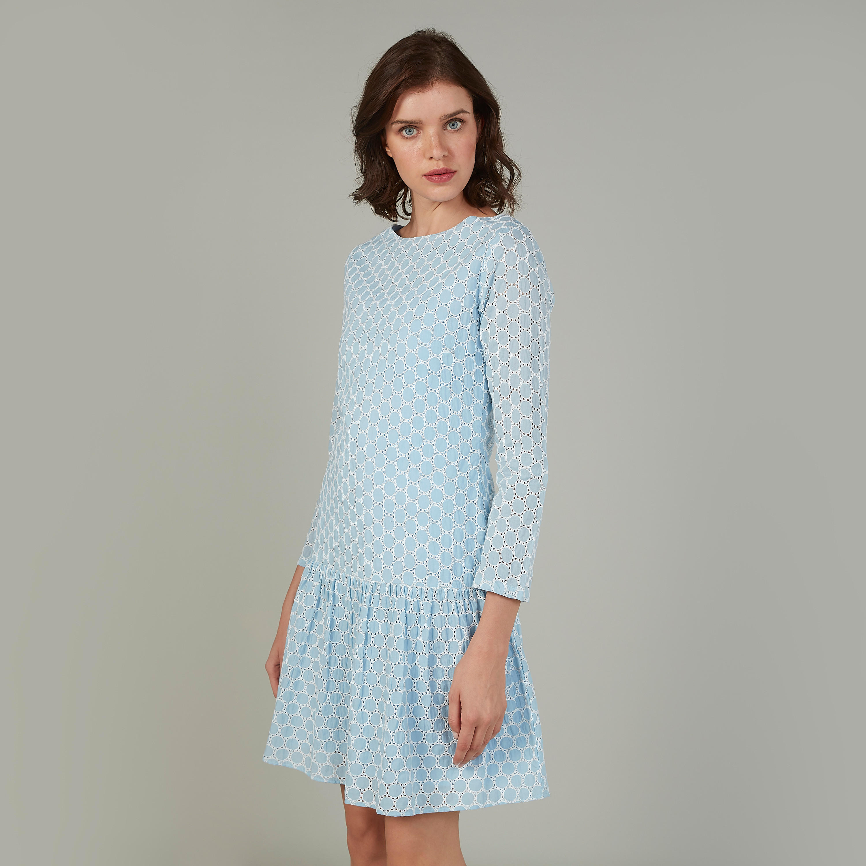 فستان إيه لاين متوسط الطول بارز الملمس بأكمام 3/4 بتفاصيل شيفلي-women-clothing-dresses-image-1