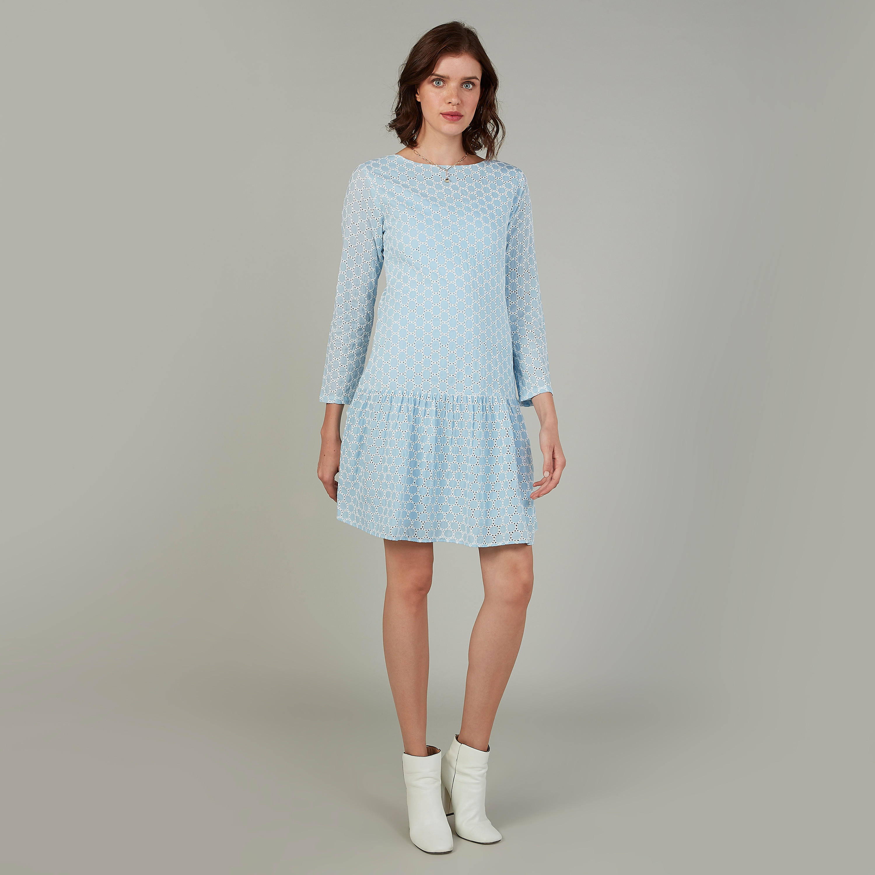 فستان إيه لاين متوسط الطول بارز الملمس بأكمام 3/4 بتفاصيل شيفلي-women-clothing-dresses-image-2