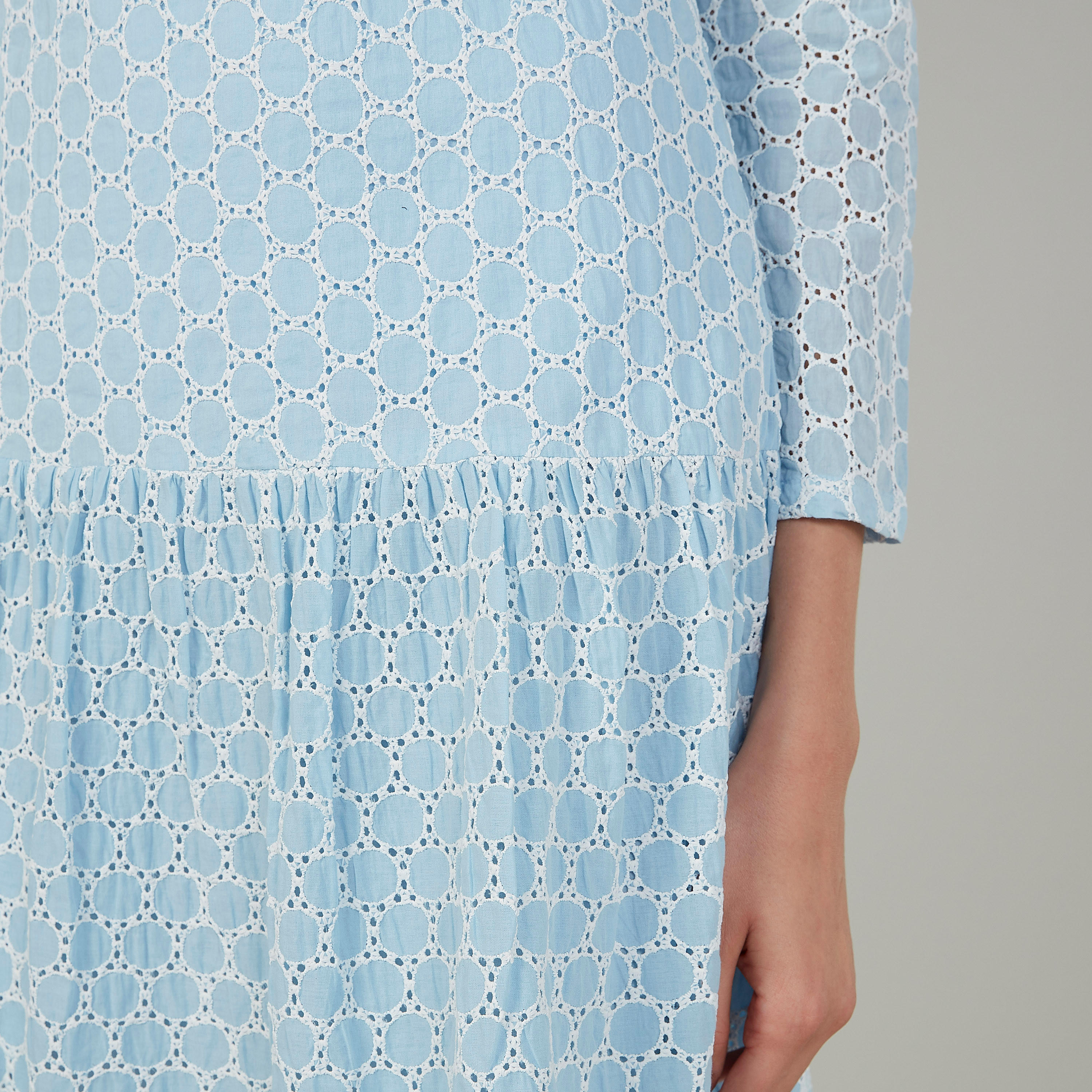 فستان إيه لاين متوسط الطول بارز الملمس بأكمام 3/4 بتفاصيل شيفلي-women-clothing-dresses-image-3