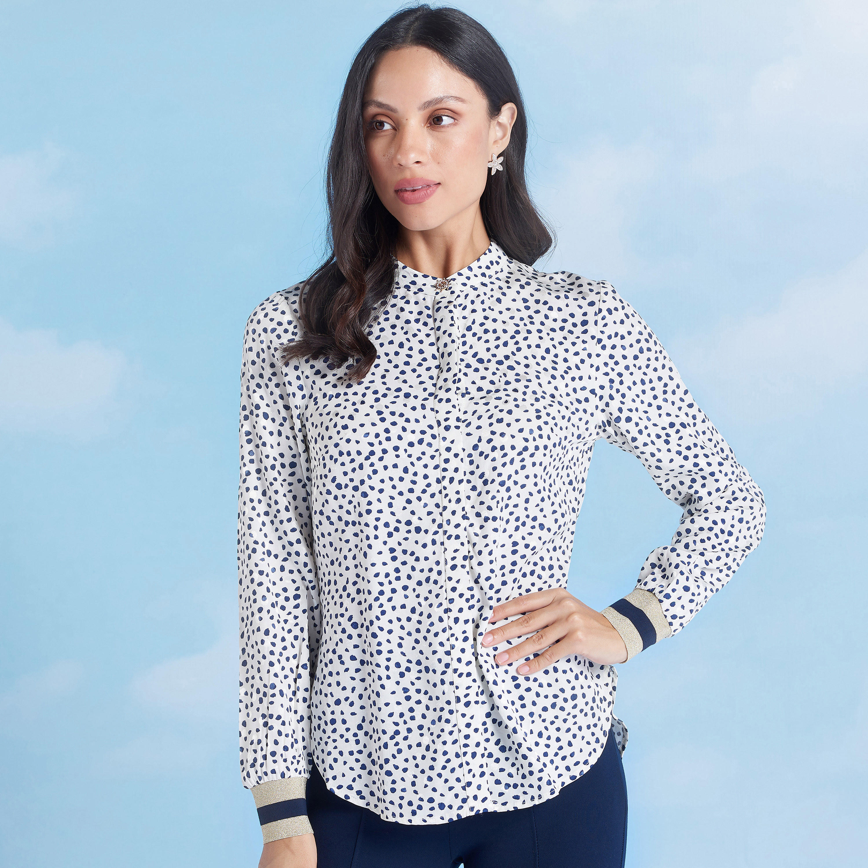 Printed Top with Mandarin Collar and Long Sleeves-women-clothing-shirtsandblouses-blouses-image-1