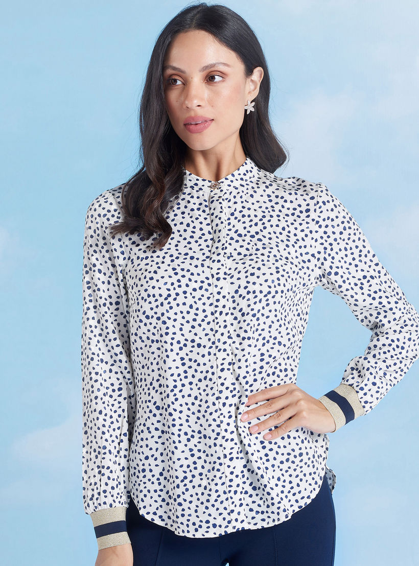 Printed Top with Mandarin Collar and Long Sleeves-women-clothing-shirtsandblouses-blouses-image-1