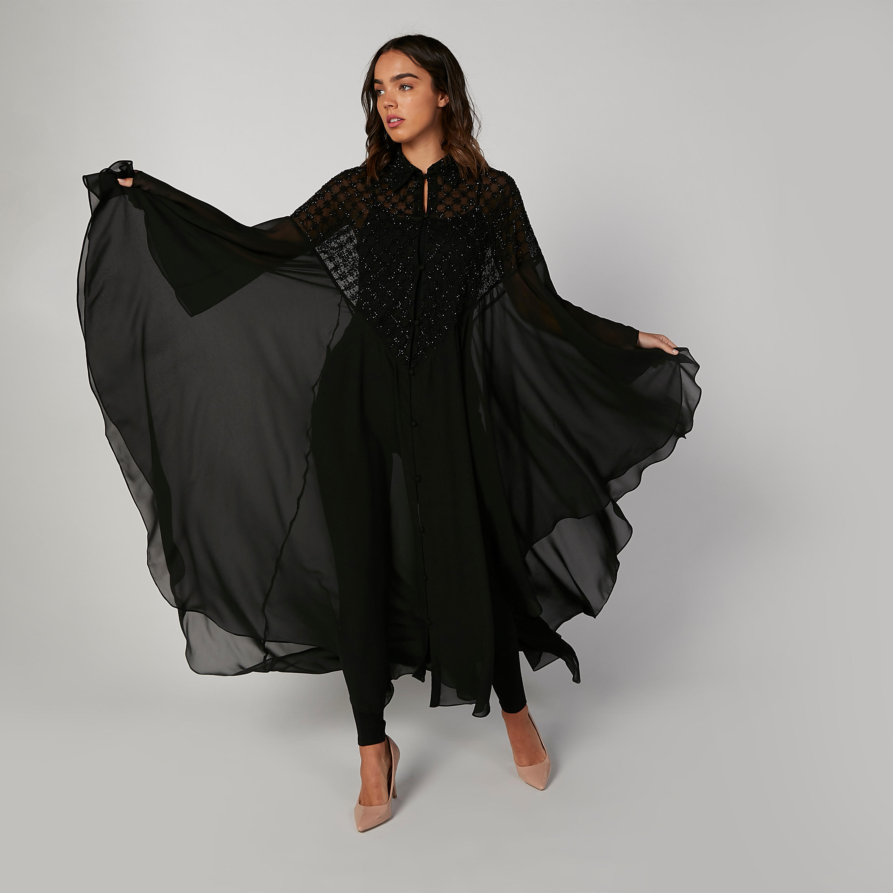 فستان قفطان مستدام مزيّن بحواف غير مستوية وأكمام واسعة -women-clothing-dresses-image-1
