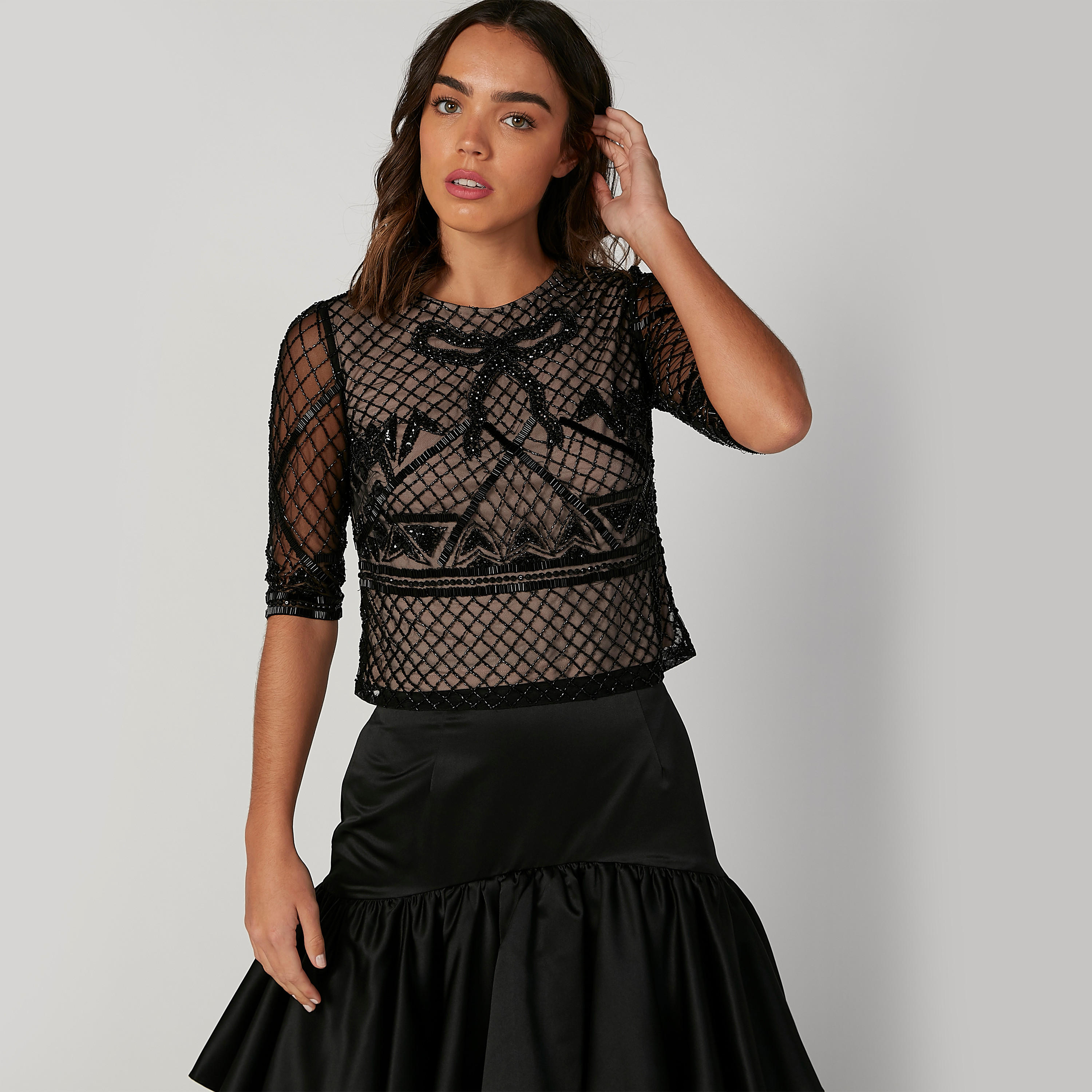 Embellished Top with Round Neck and Short Sleeves-women-clothing-shirtsandblouses-blouses-image-1