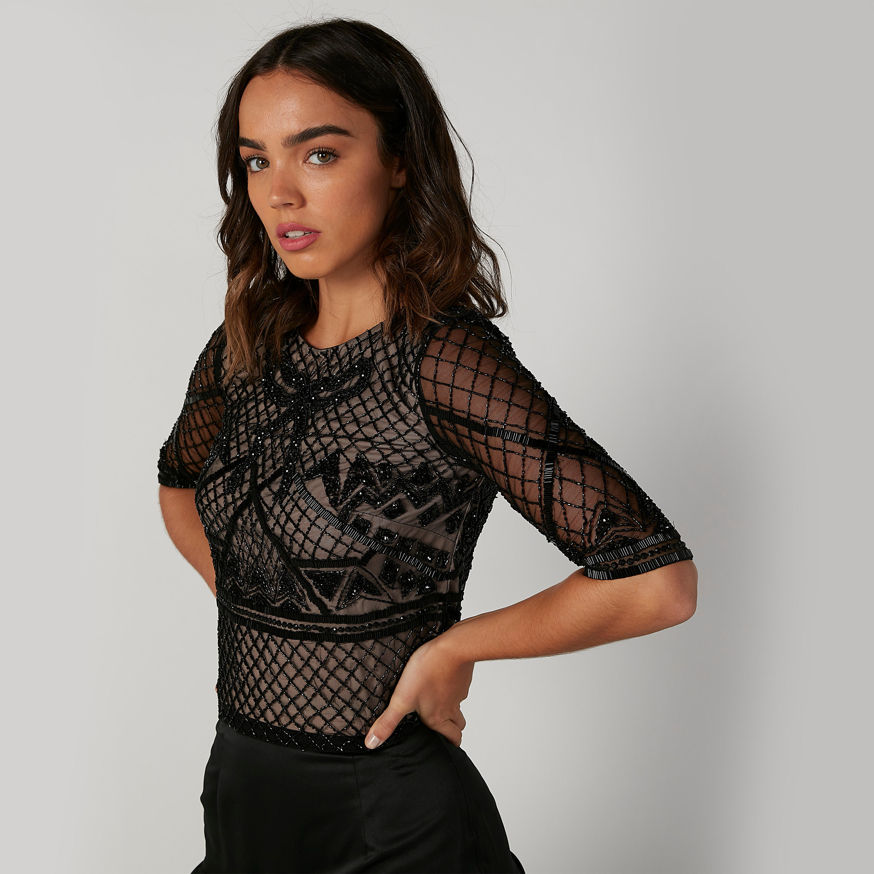 Embellished Top with Round Neck and Short Sleeves-women-clothing-shirtsandblouses-blouses-image-2