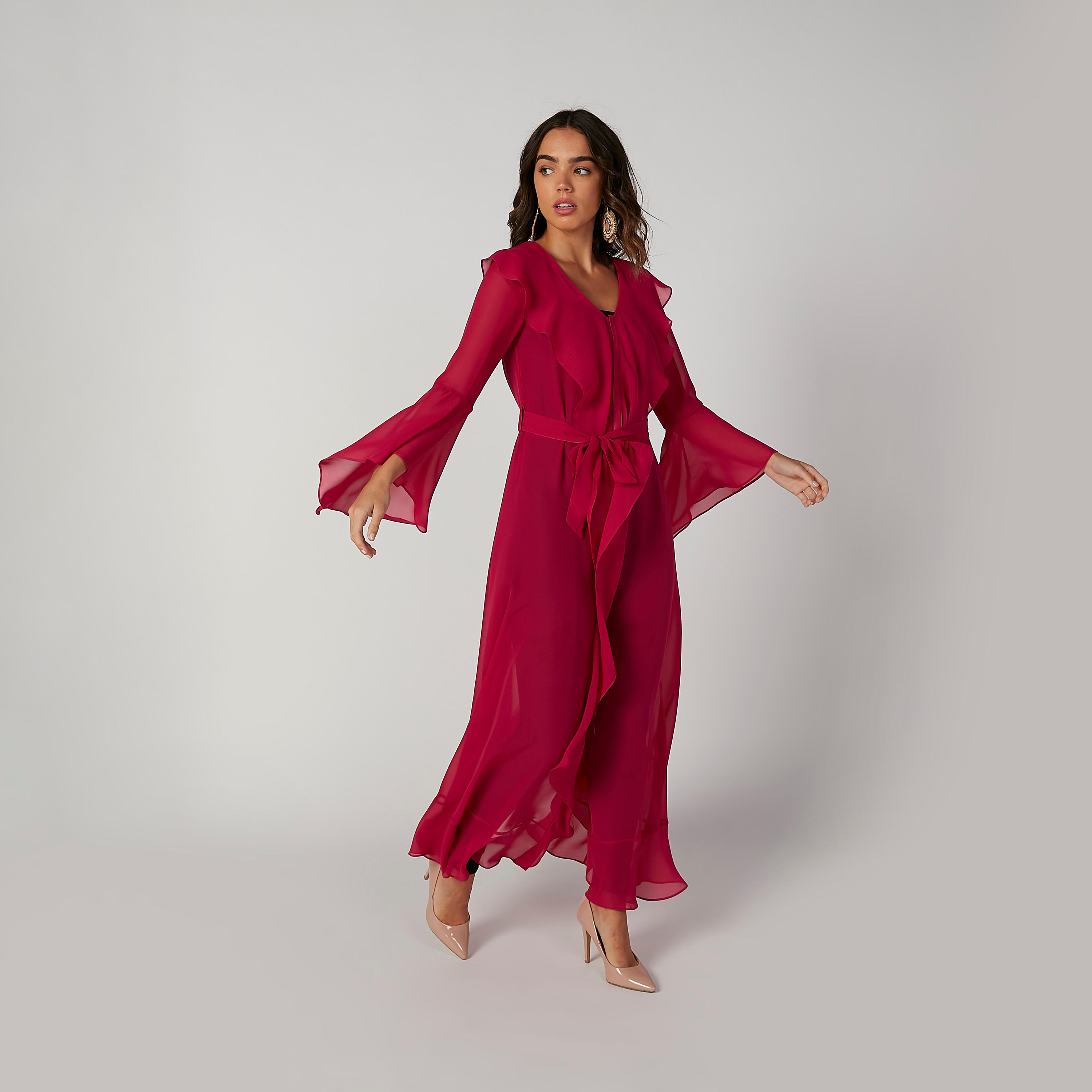 فستان قفطان مستدام بتفاصيل كشكش وبأكمام طويلة وحزام-women-clothing-dresses-image-1