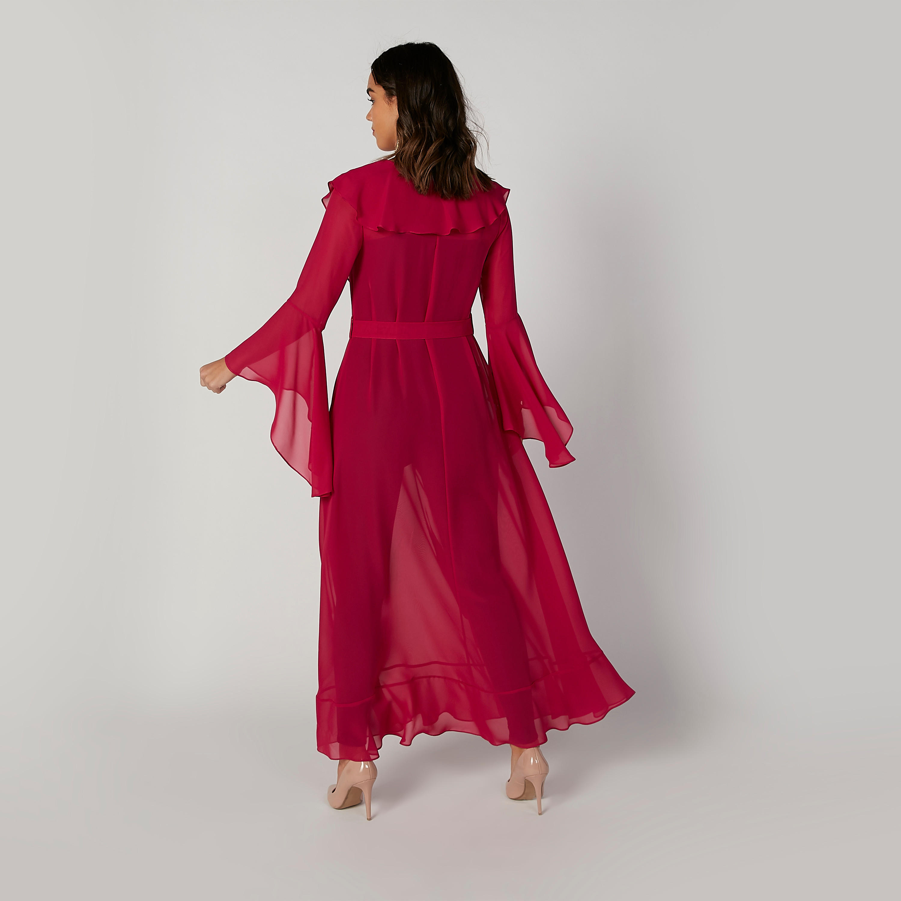 فستان قفطان مستدام بتفاصيل كشكش وبأكمام طويلة وحزام-women-clothing-dresses-image-2