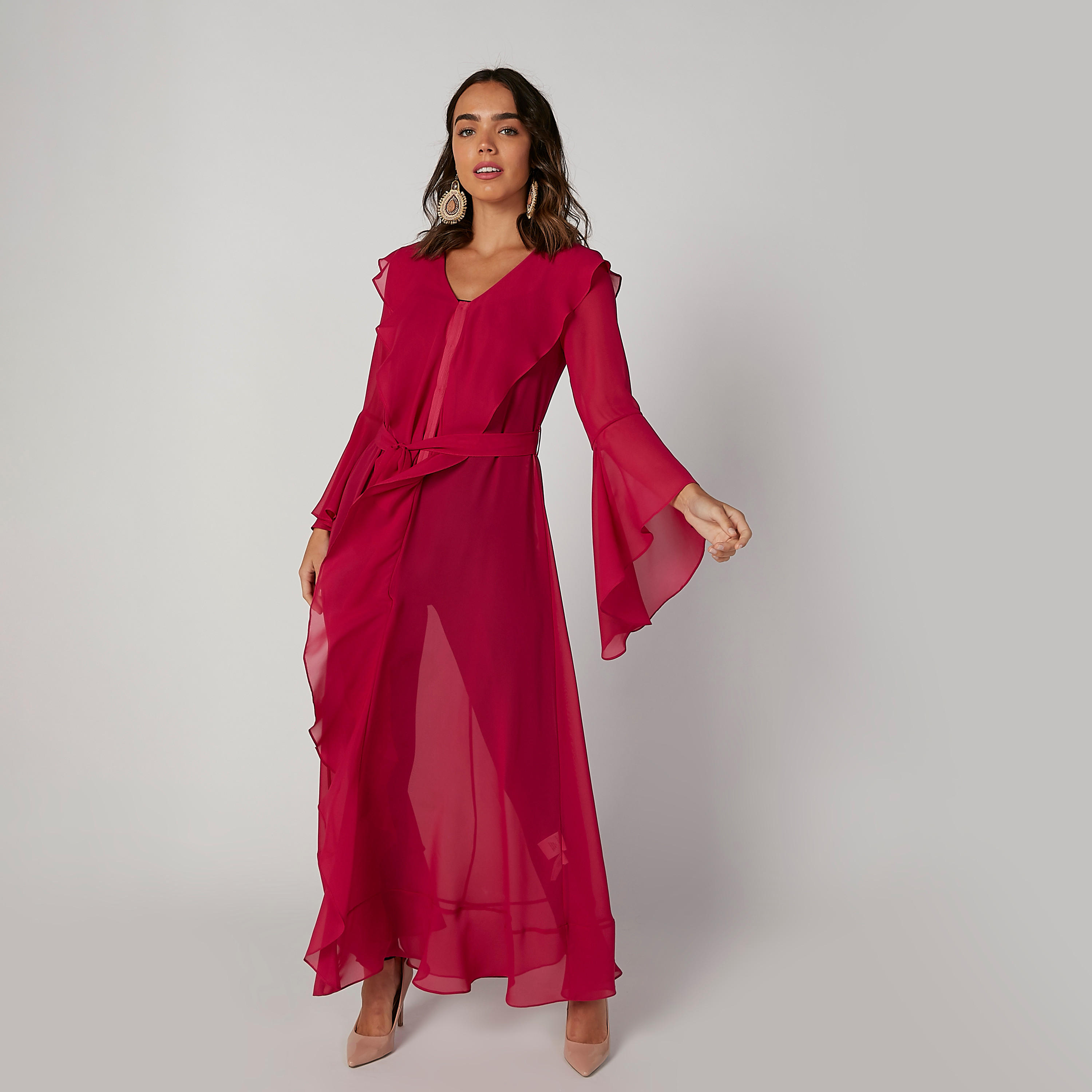 فستان قفطان مستدام بتفاصيل كشكش وبأكمام طويلة وحزام-women-clothing-dresses-image-3