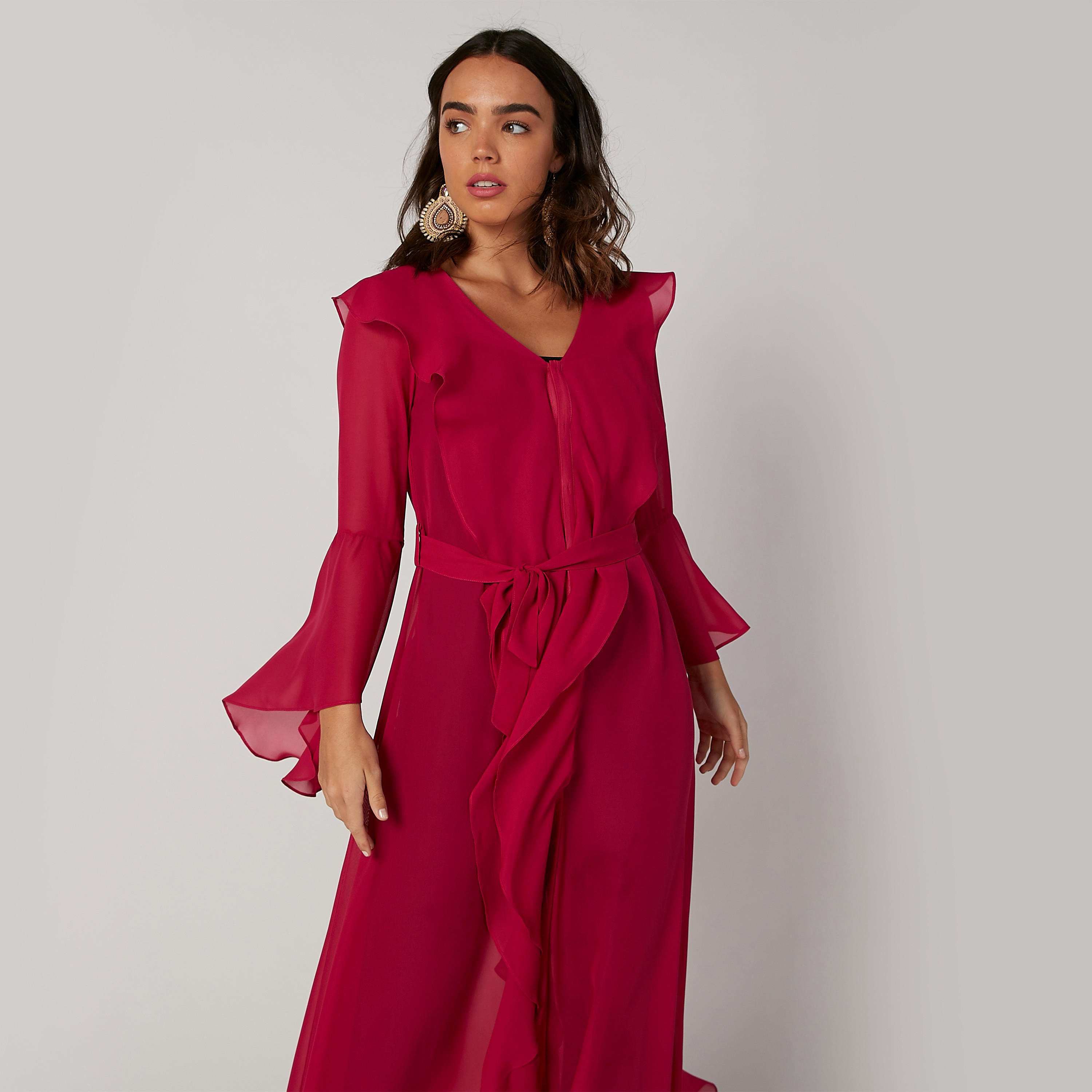 فستان قفطان مستدام بتفاصيل كشكش وبأكمام طويلة وحزام-women-clothing-dresses-image-4
