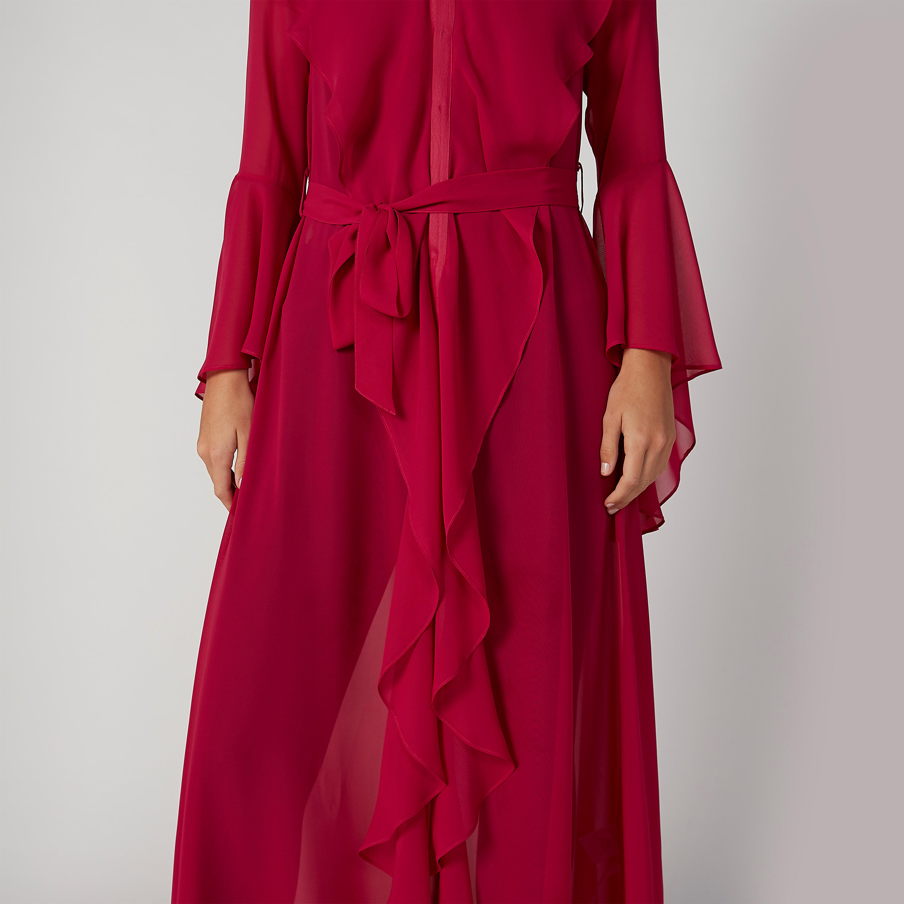 فستان قفطان مستدام بتفاصيل كشكش وبأكمام طويلة وحزام-women-clothing-dresses-image-5