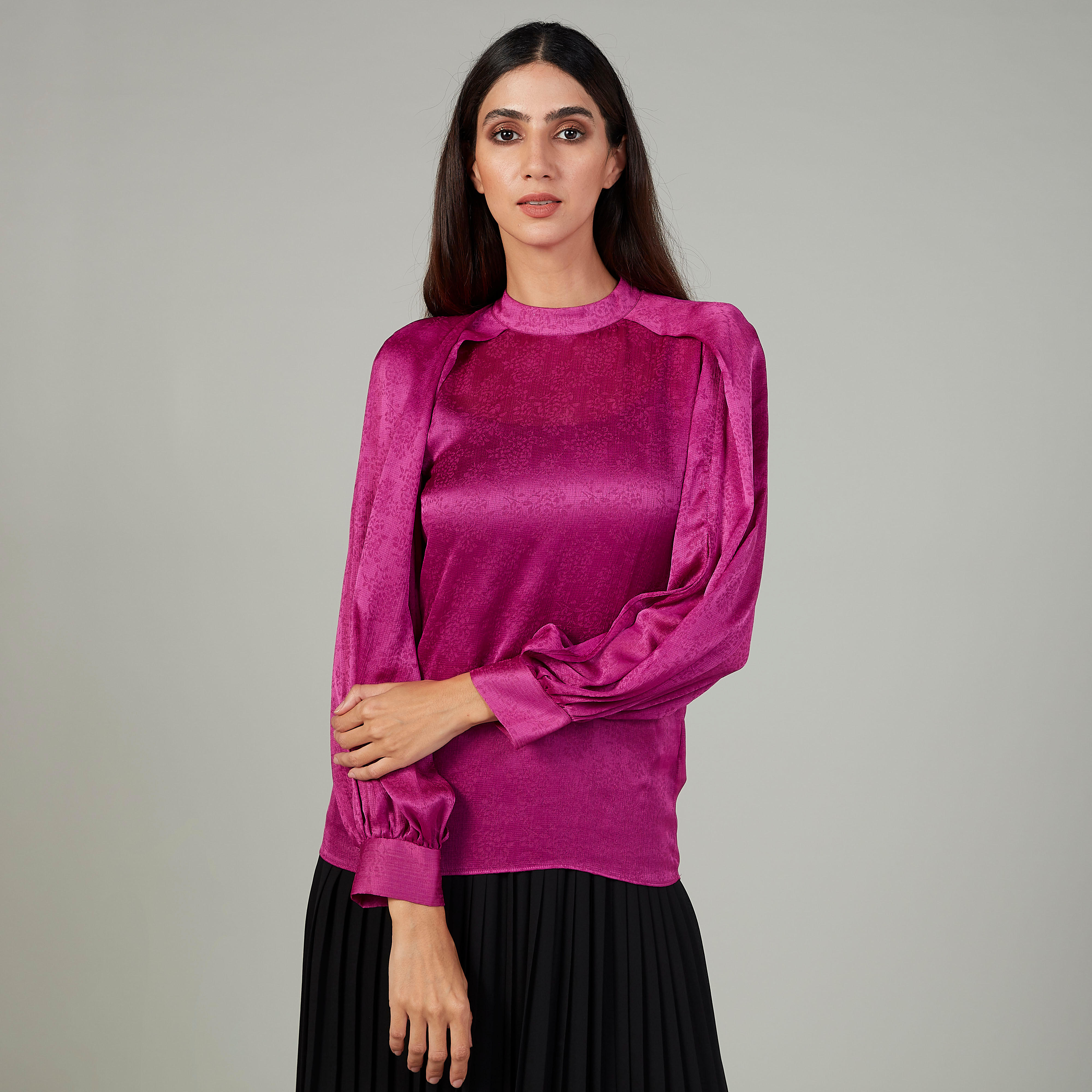 Textured Top with High Neck and Long Sleeves-women-clothing-shirtsandblouses-blouses-image-1