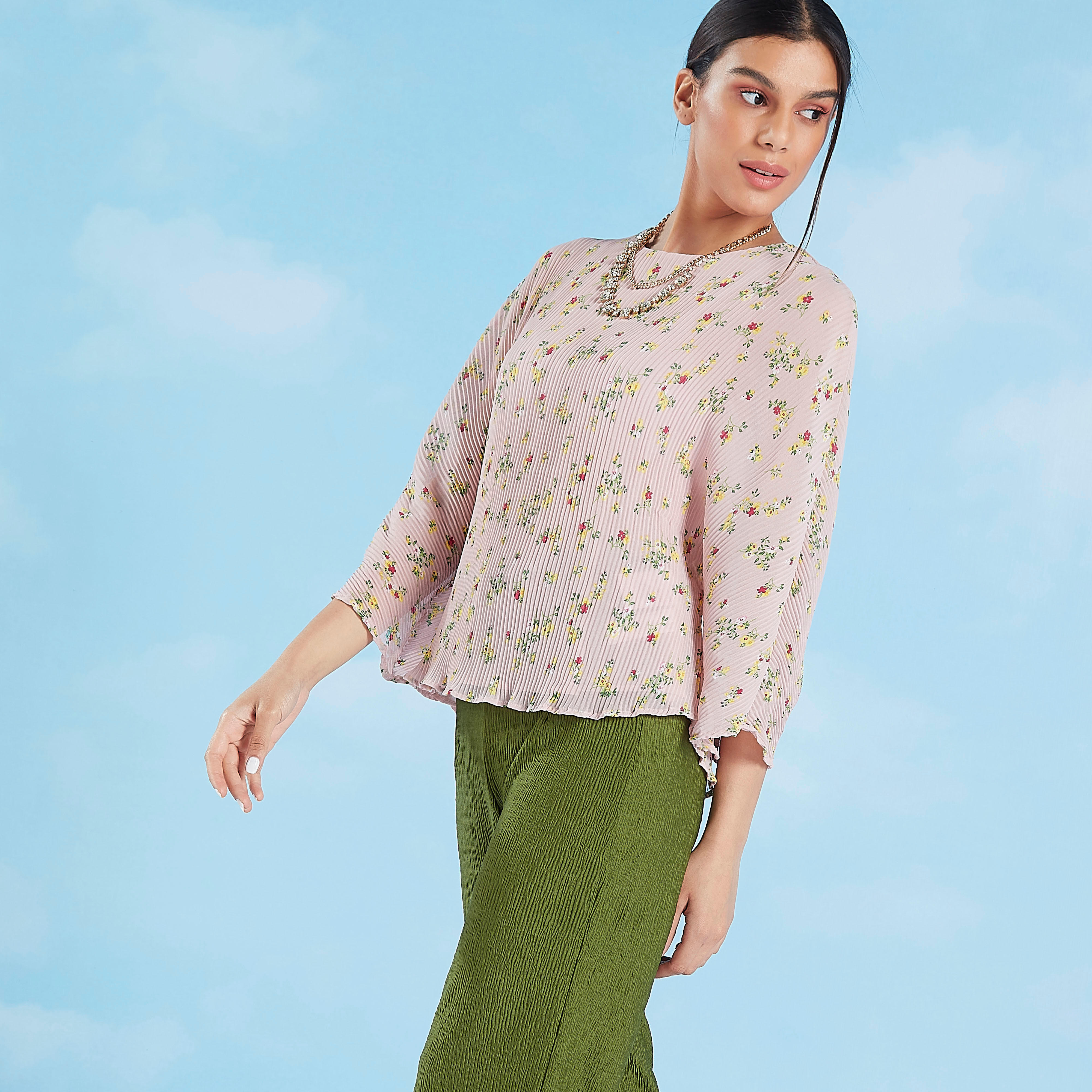 Floral Printed Top with Round Neck and Flared Sleeves-women-clothing-shirtsandblouses-blouses-image-1