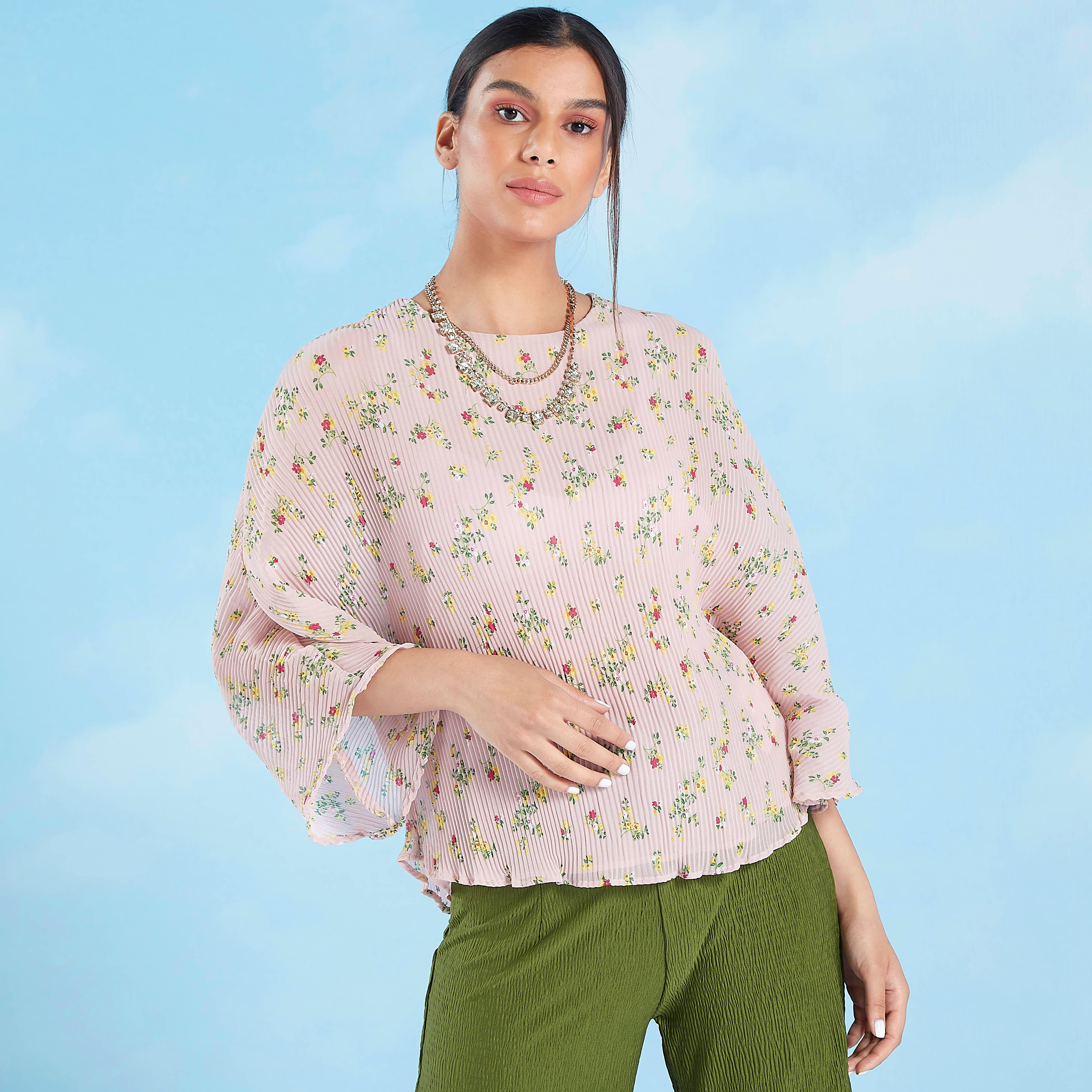 Floral Printed Top with Round Neck and Flared Sleeves-women-clothing-shirtsandblouses-blouses-image-2