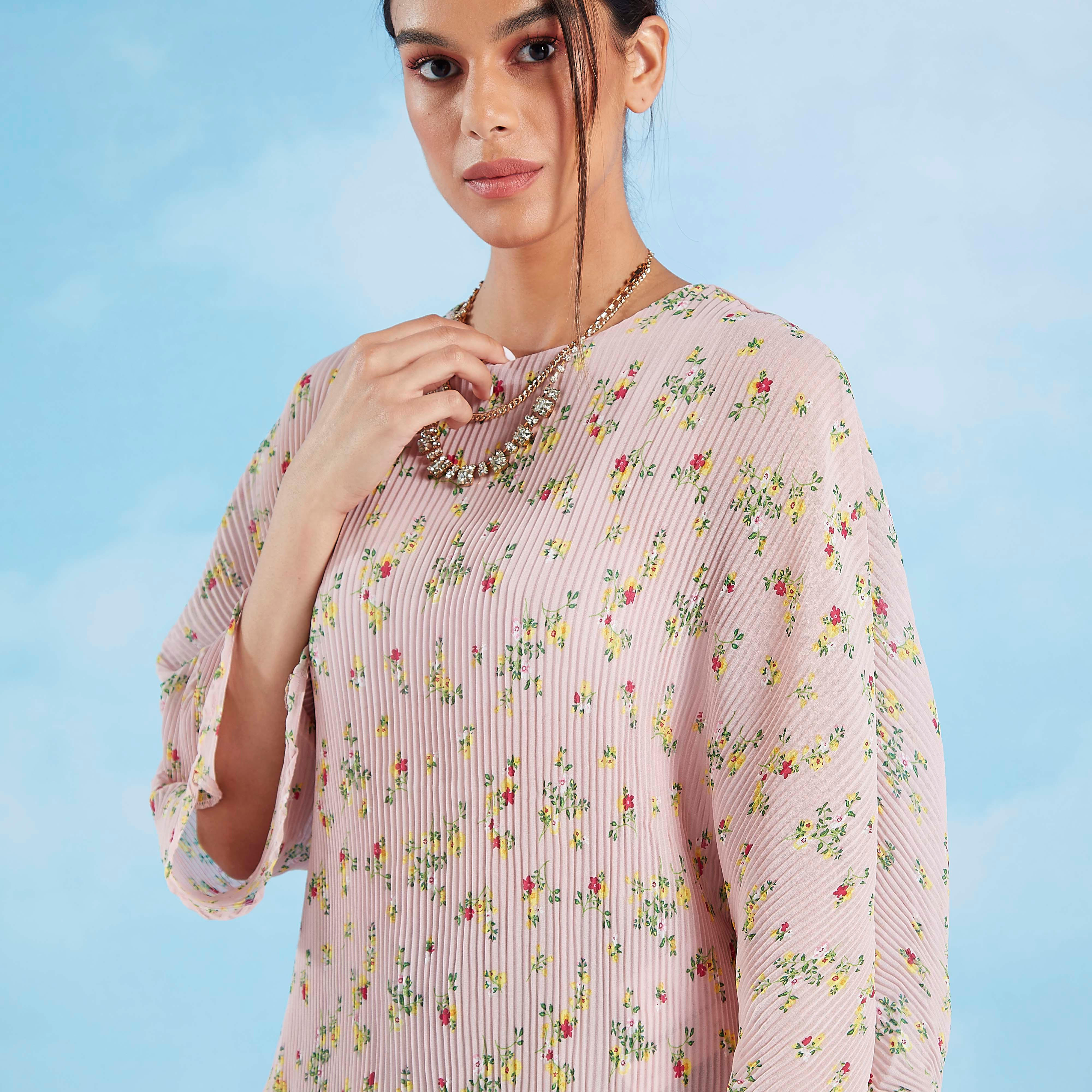 Floral Printed Top with Round Neck and Flared Sleeves-women-clothing-shirtsandblouses-blouses-image-4