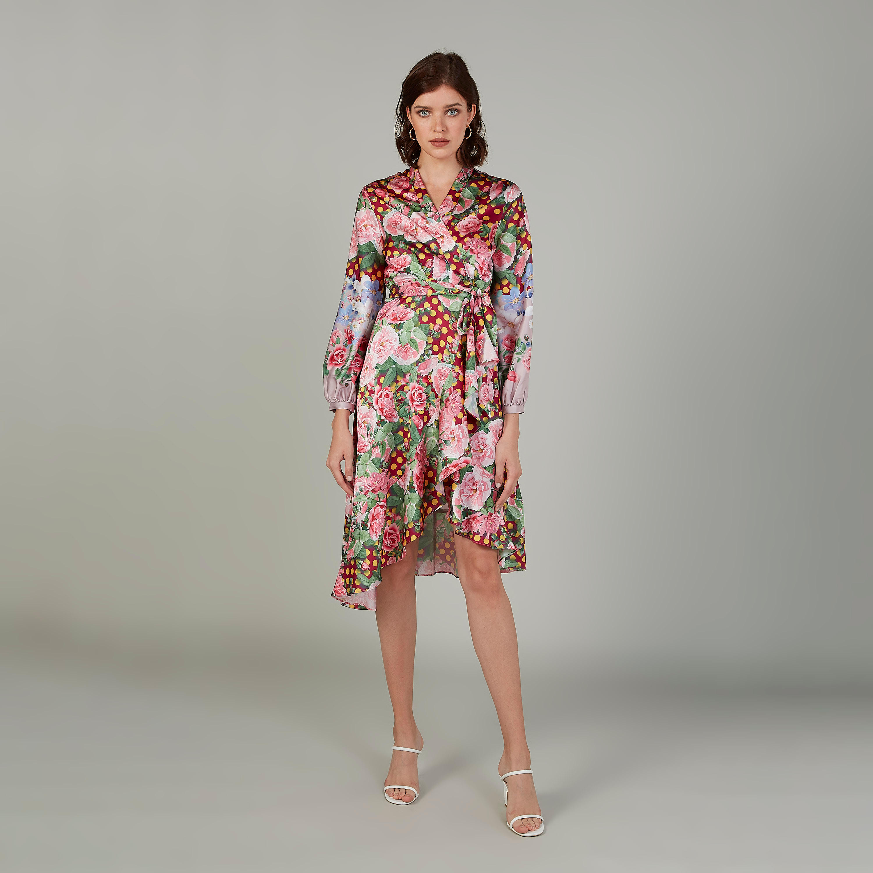 فستان ملفوف متوسط الطول بأكمام بيشوب وطبعات زهرية-women-clothing-dresses-image-1