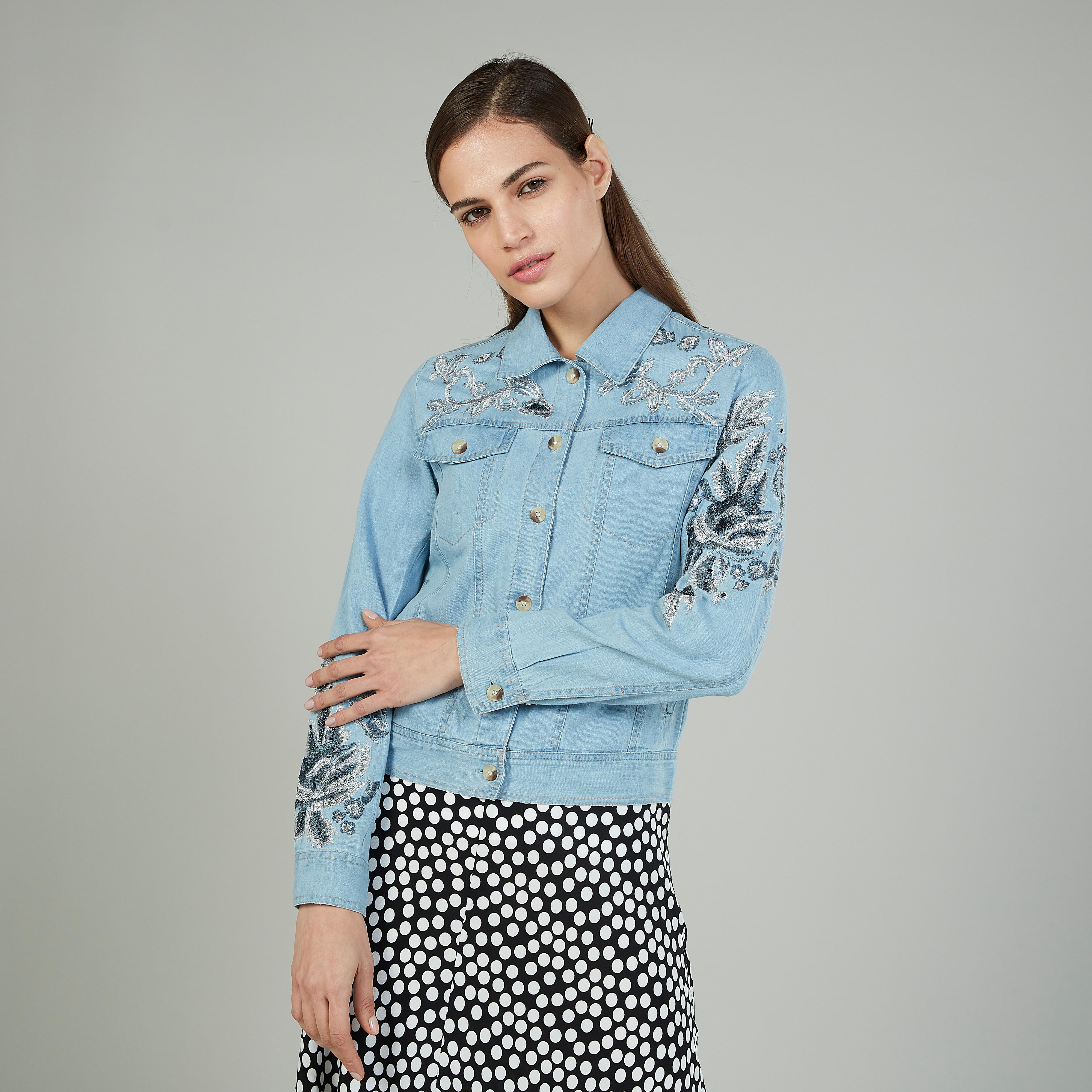 Embroidered Denim Jacket with Long Sleeves and Flap Pockets-women-winterwear-coatsandjackets-jackets-image-1