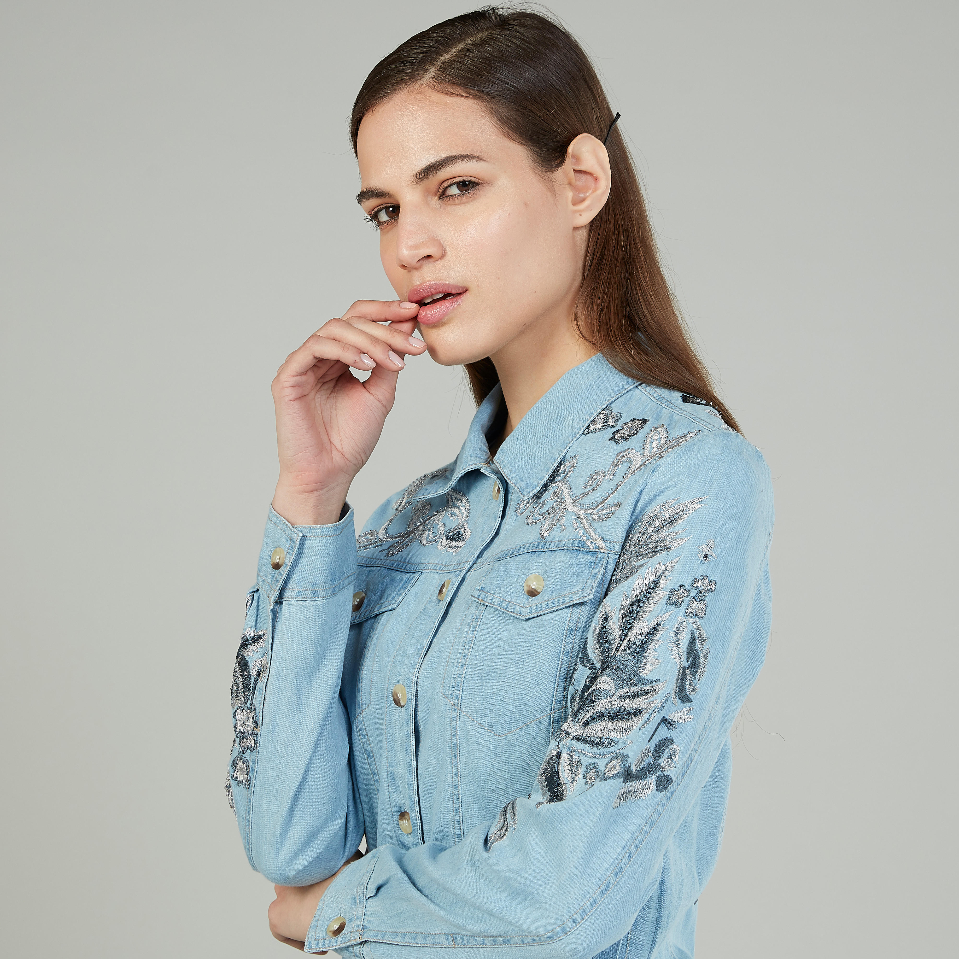 Embroidered Denim Jacket with Long Sleeves and Flap Pockets-women-winterwear-coatsandjackets-jackets-image-3