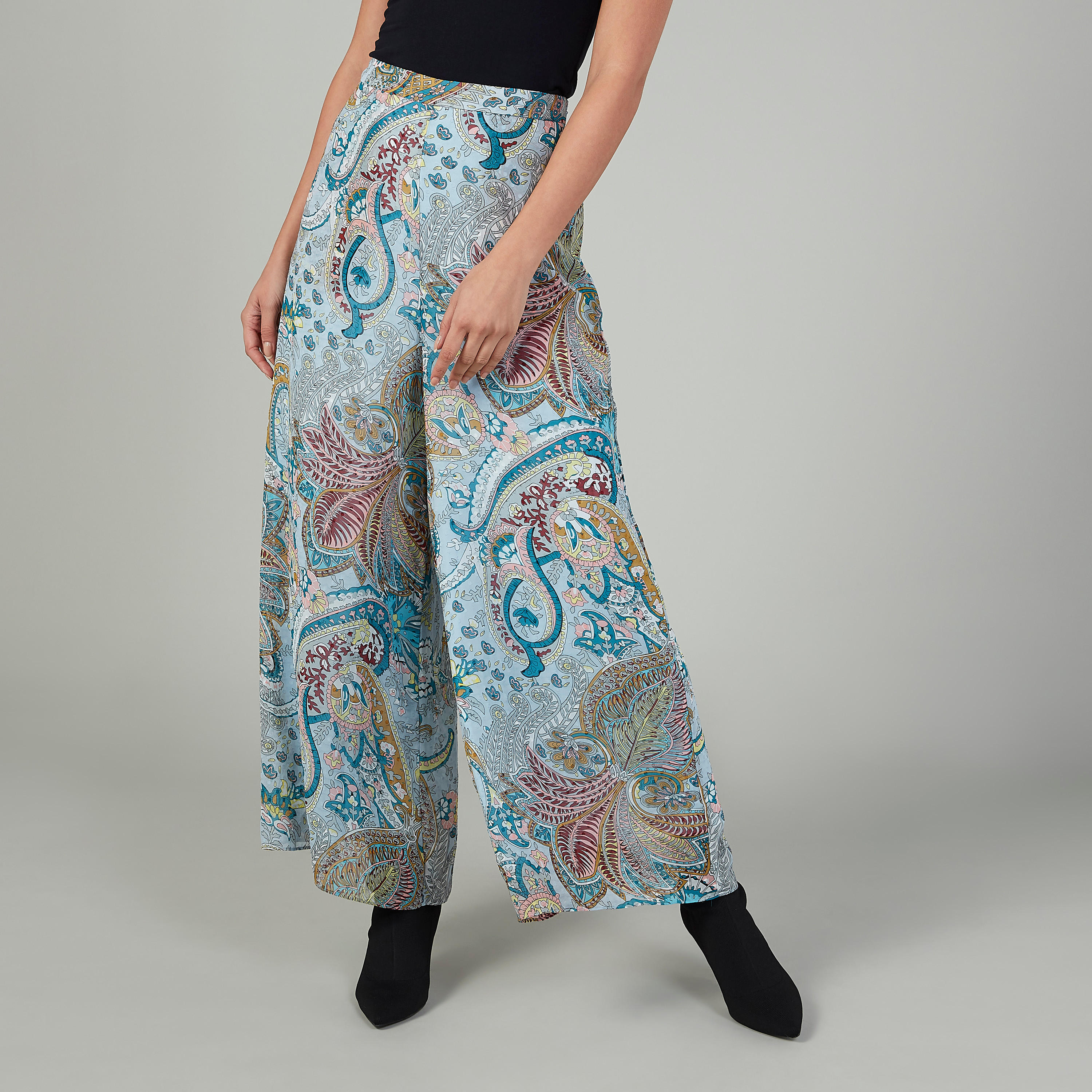 بنطلون بالازو سليم بخصر متوسط الارتفاع وطبعات بيزلي-women-clothing-bottoms-trousers-image-3