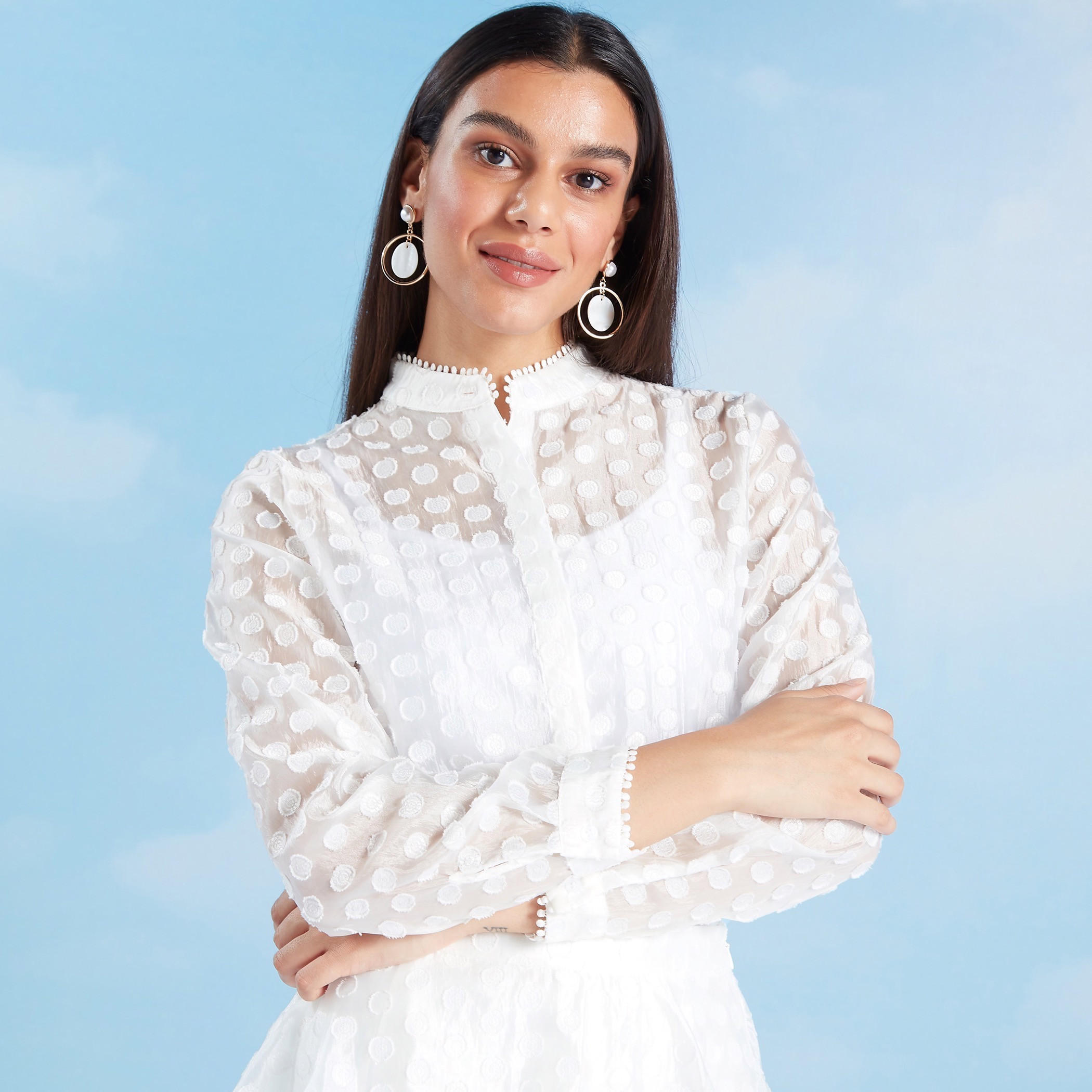 بلوزة بارزة الملمس بياقة ماندارين وأكمام طويلة-women-clothing-shirtsandblouses-blouses-image-3