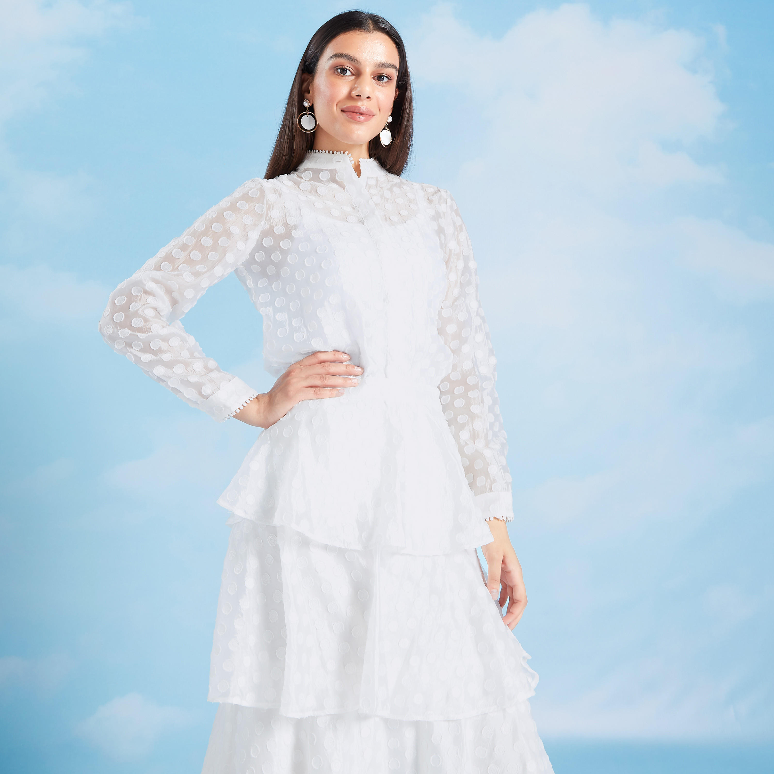 بلوزة بارزة الملمس بياقة ماندارين وأكمام طويلة-women-clothing-shirtsandblouses-blouses-image-9