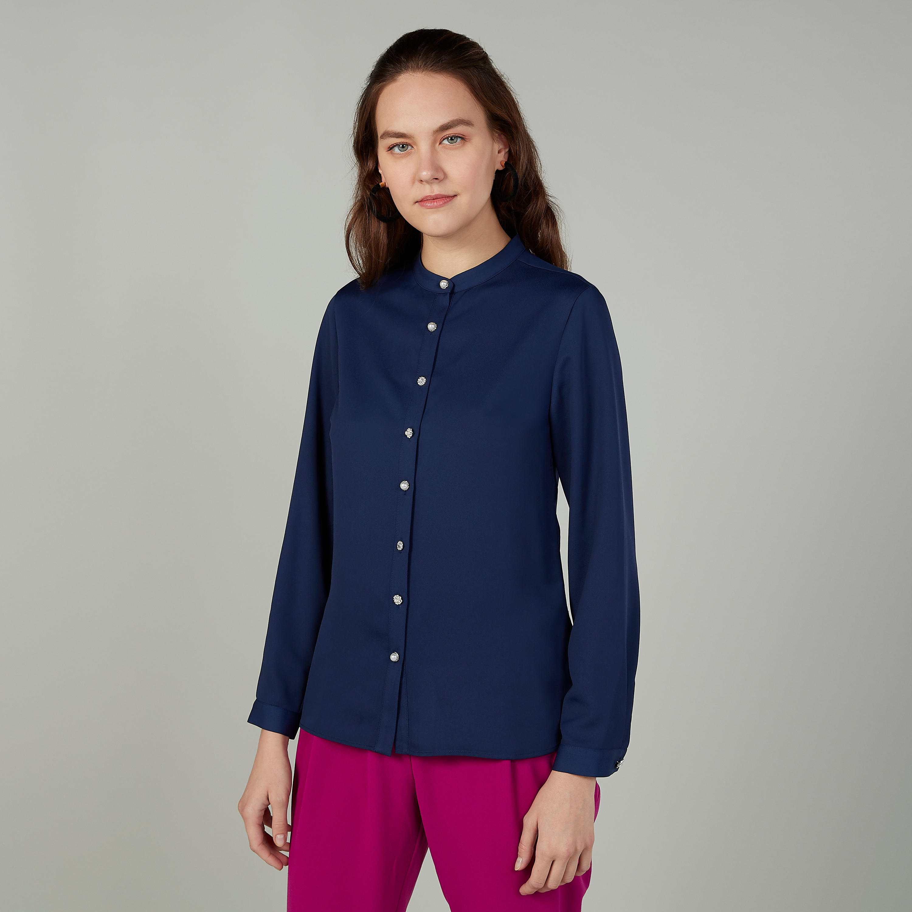 بلوزة سادة بياقة ماندارين وأكمام طويلة-women-clothing-shirtsandblouses-blouses-image-4