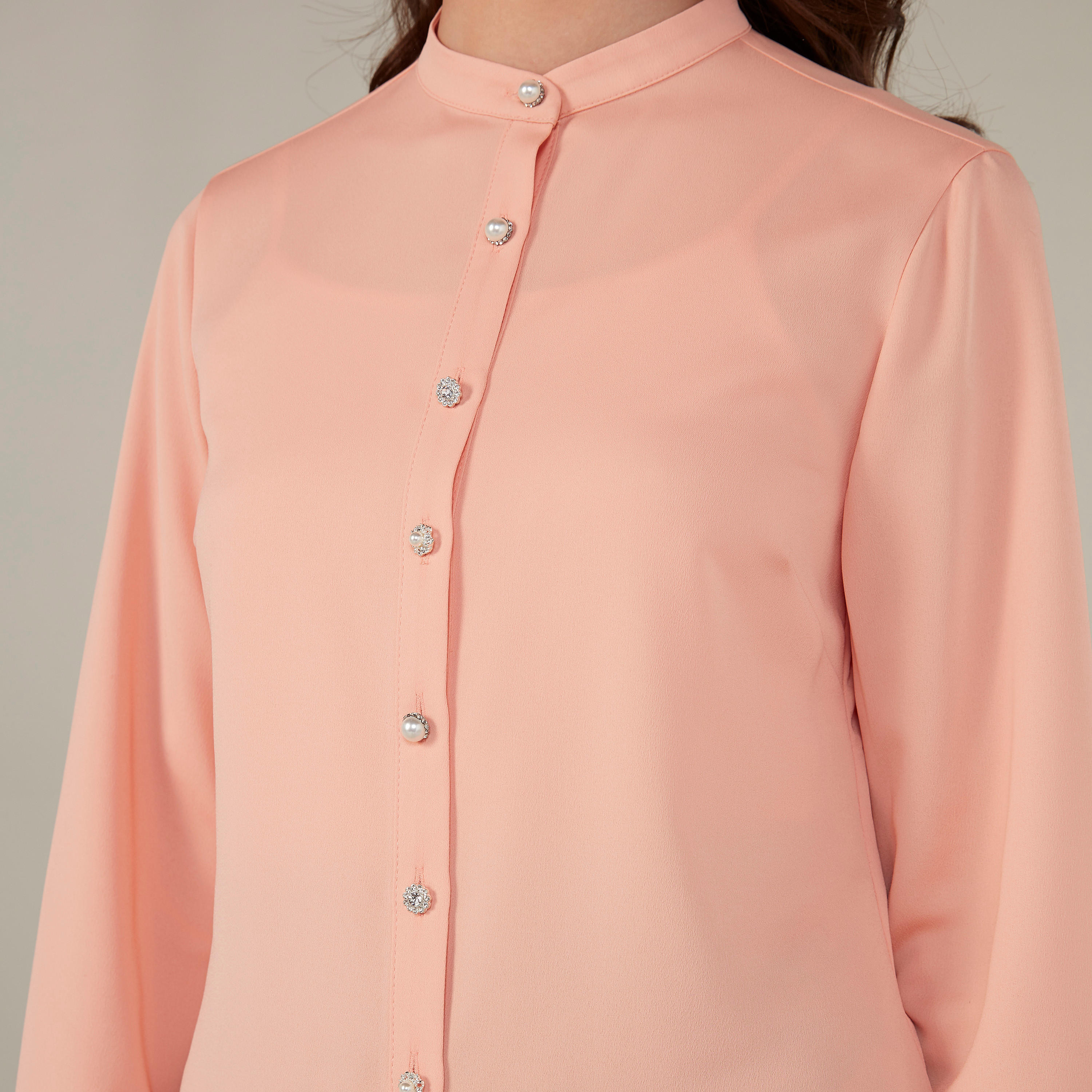 بلوزة سادة بياقة ماندارين وأكمام طويلة-women-clothing-shirtsandblouses-blouses-image-3