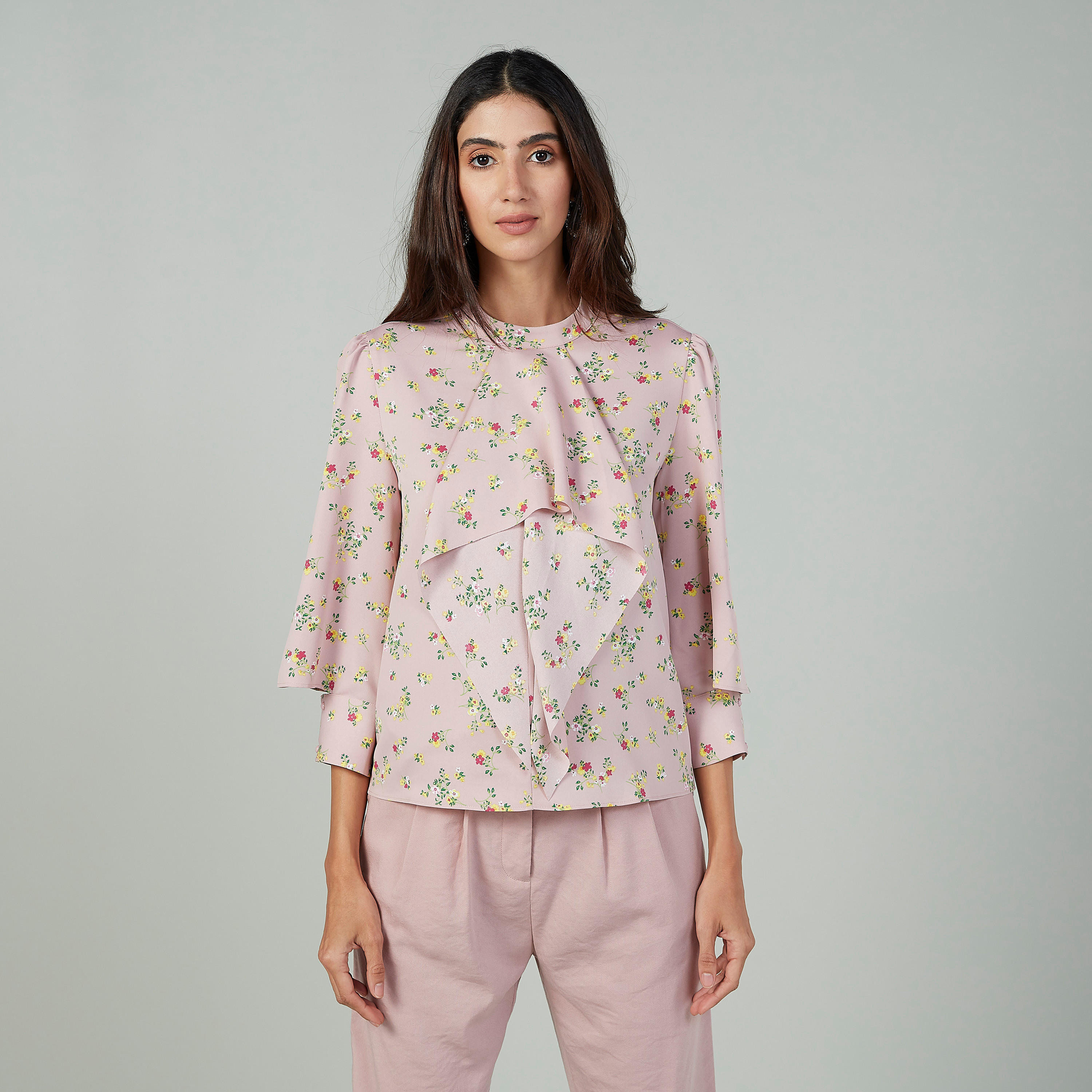 بلوزة بأكمام 3/4 وأربطة وطبعات زهرية-women-clothing-shirtsandblouses-blouses-image-1