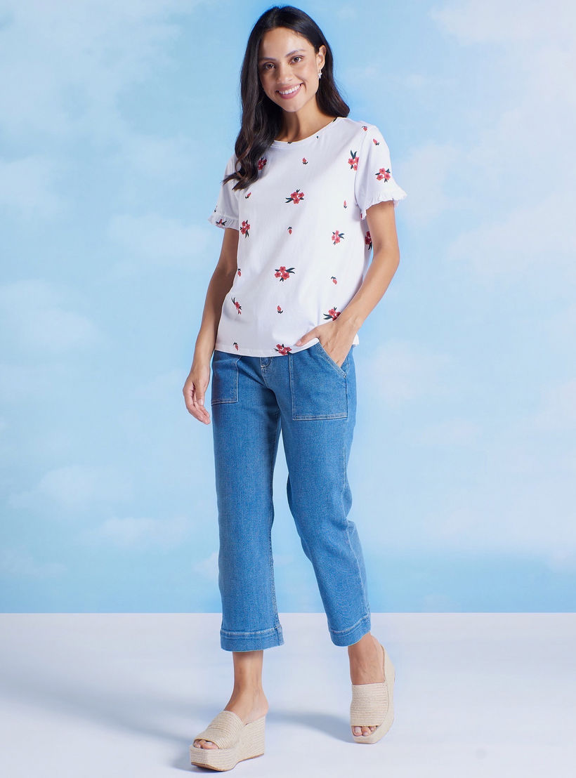 بلوزة بياقة مستديرة وأكمام قصيرة بتفاصيل كشكش وطبعات-women-clothing-tshirts-image-2