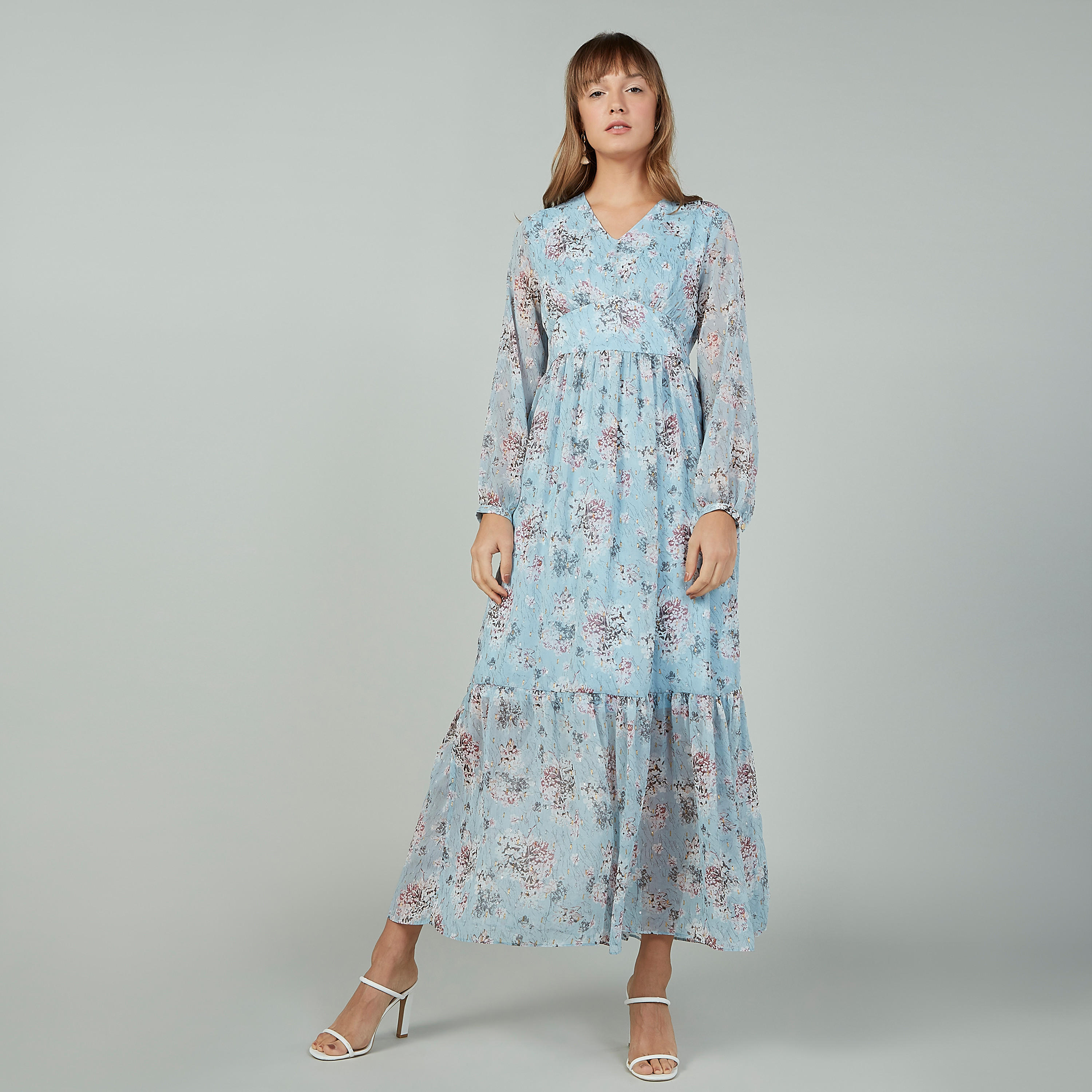 فستان طويل بياقة V وأكمام بيشوب بطبعات زهرية-women-clothing-dresses-image-1