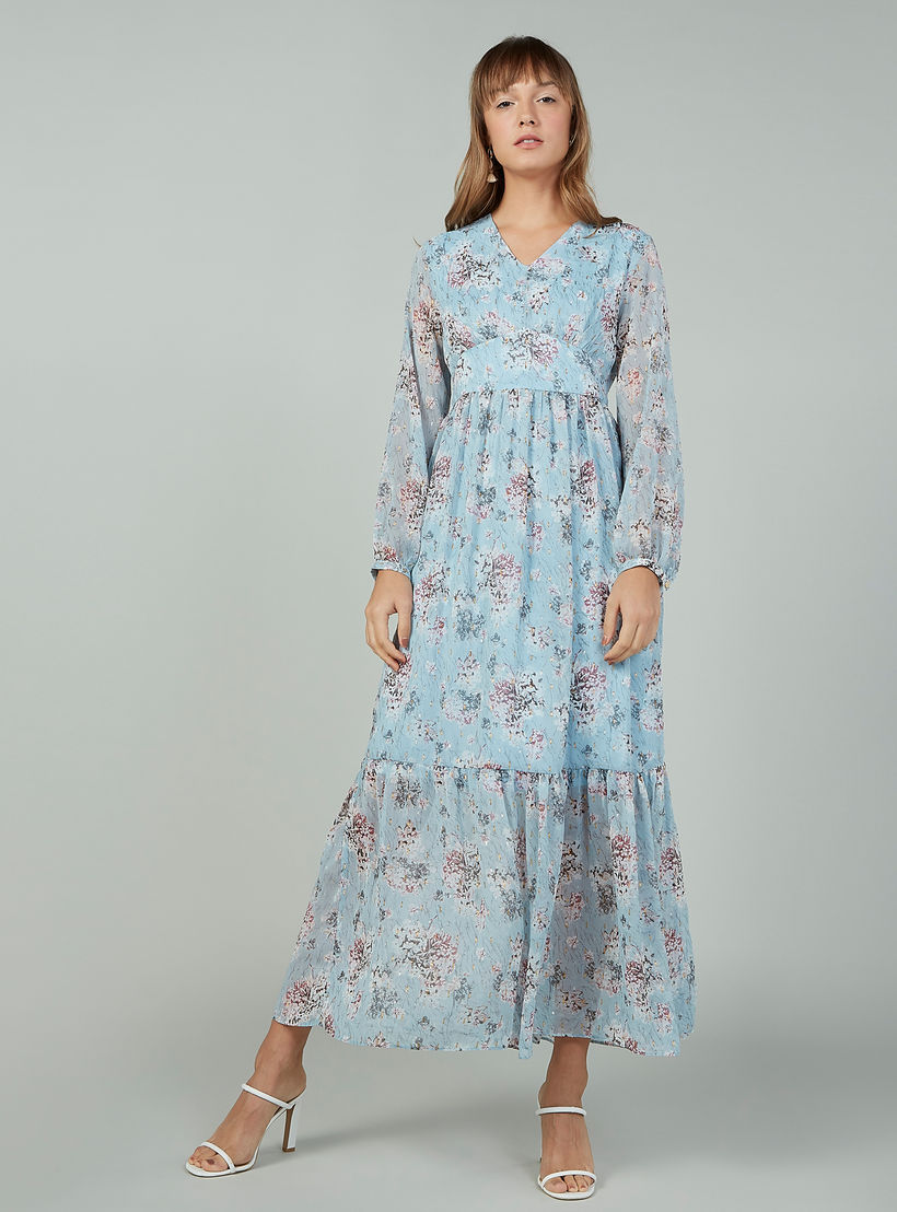 فستان طويل بياقة V وأكمام بيشوب بطبعات زهرية-women-clothing-dresses-image-1