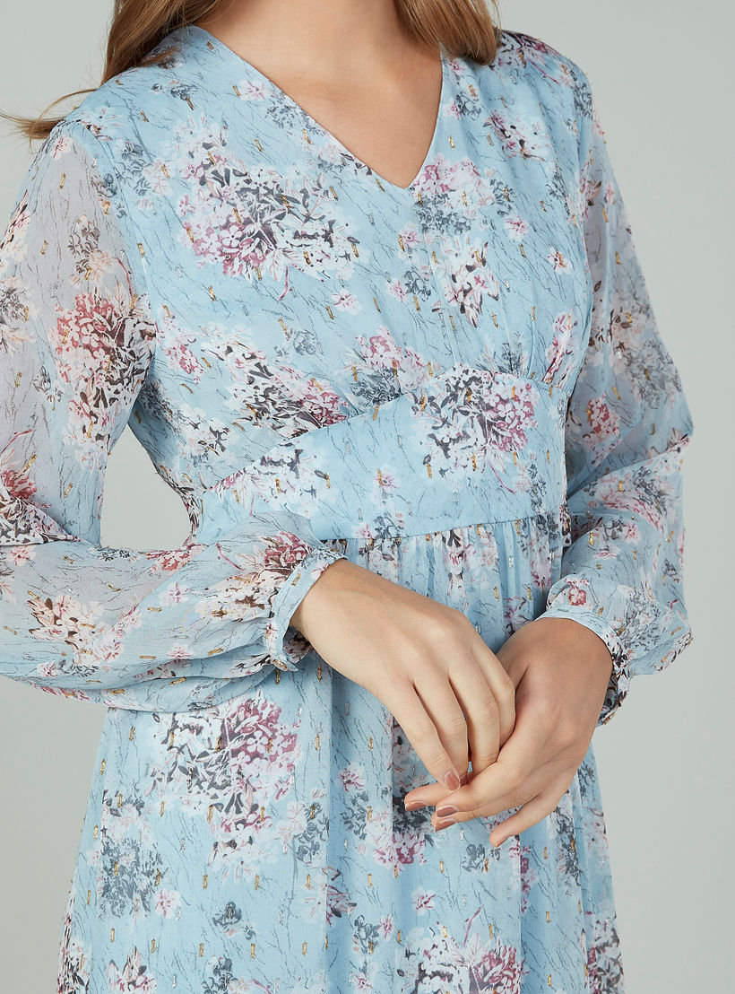 فستان طويل بياقة V وأكمام بيشوب بطبعات زهرية-women-clothing-dresses-image-3
