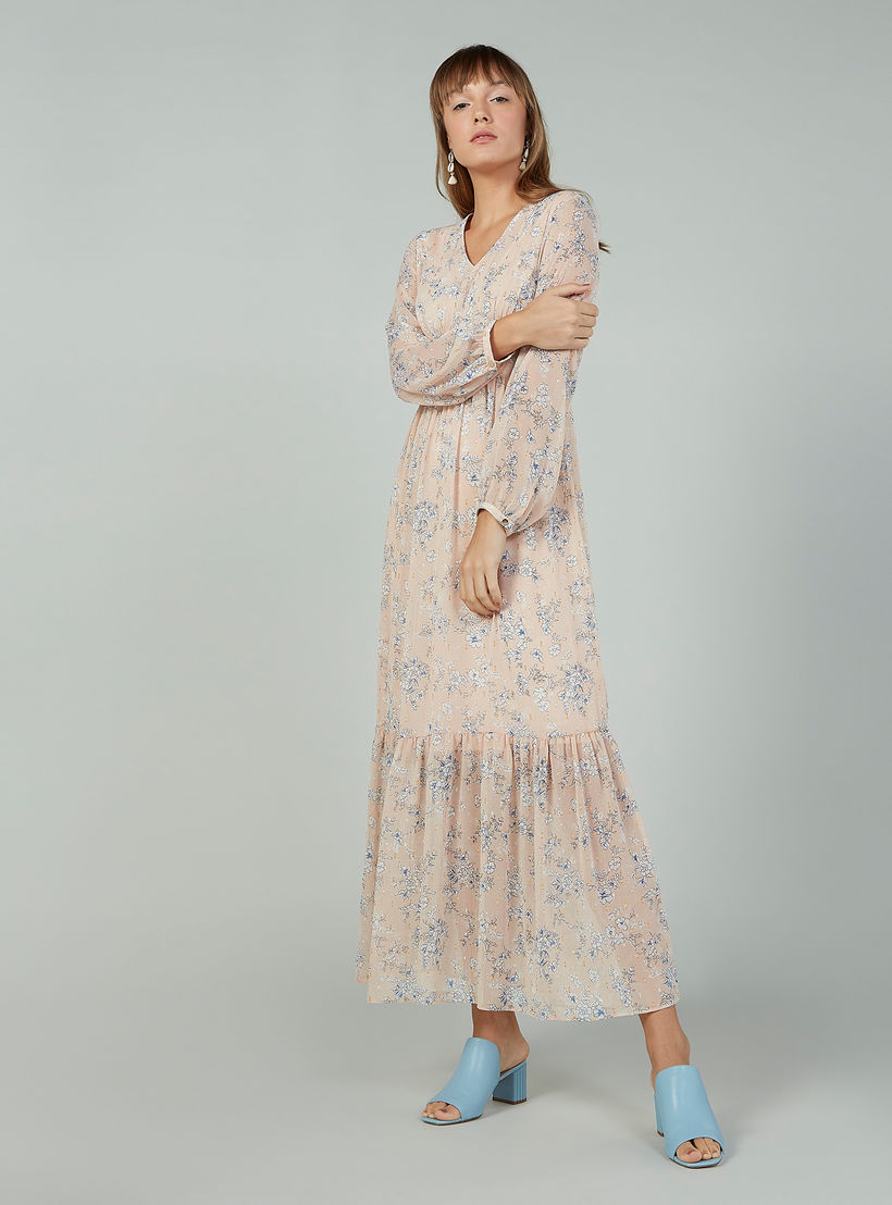 فستان طويل بياقة V وأكمام بيشوب بطبعات زهرية-women-clothing-dresses-image-1
