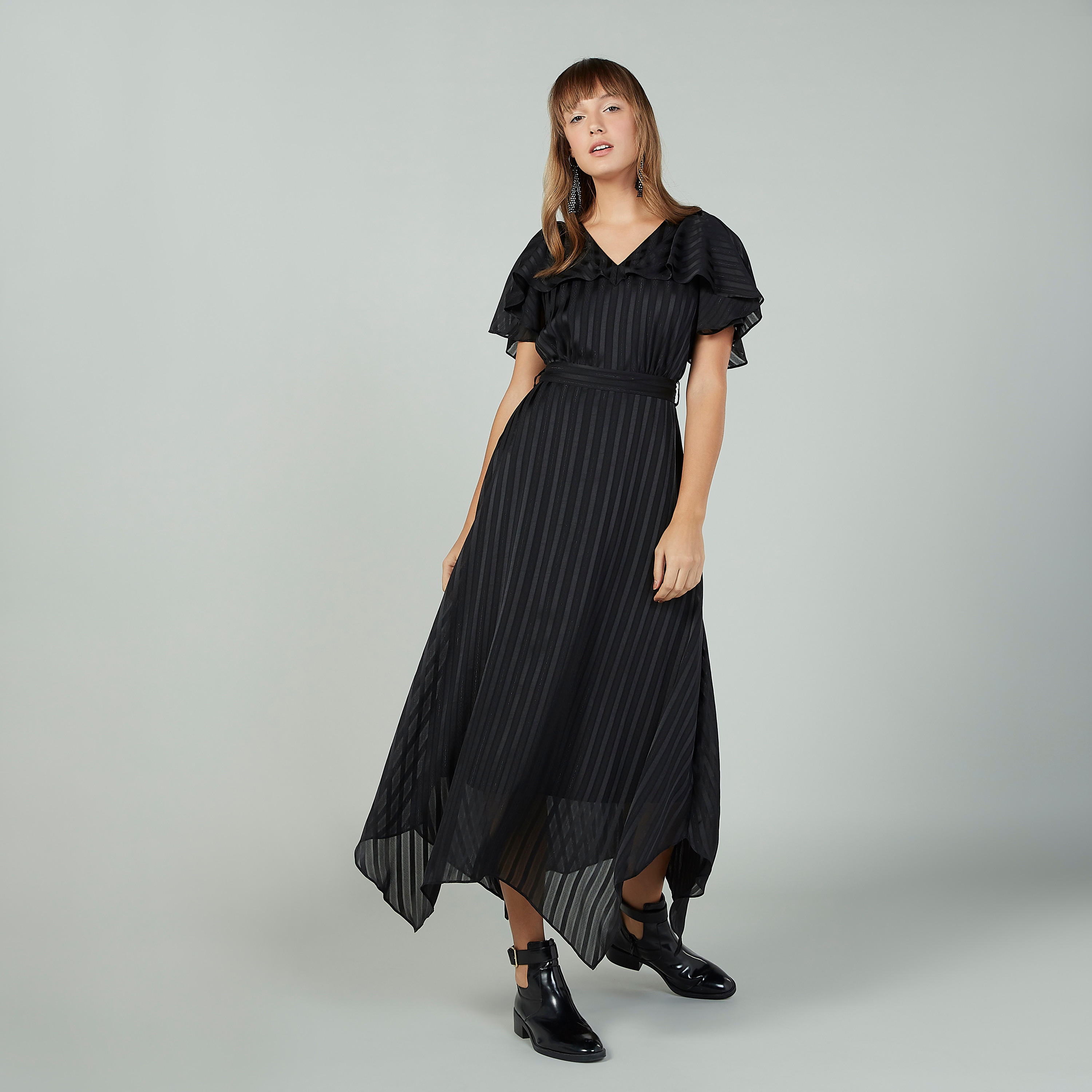 فستان طويل بارز الملمس بأكمام مكشكشة وحوّاف غير مستويّة-women-clothing-dresses-image-1