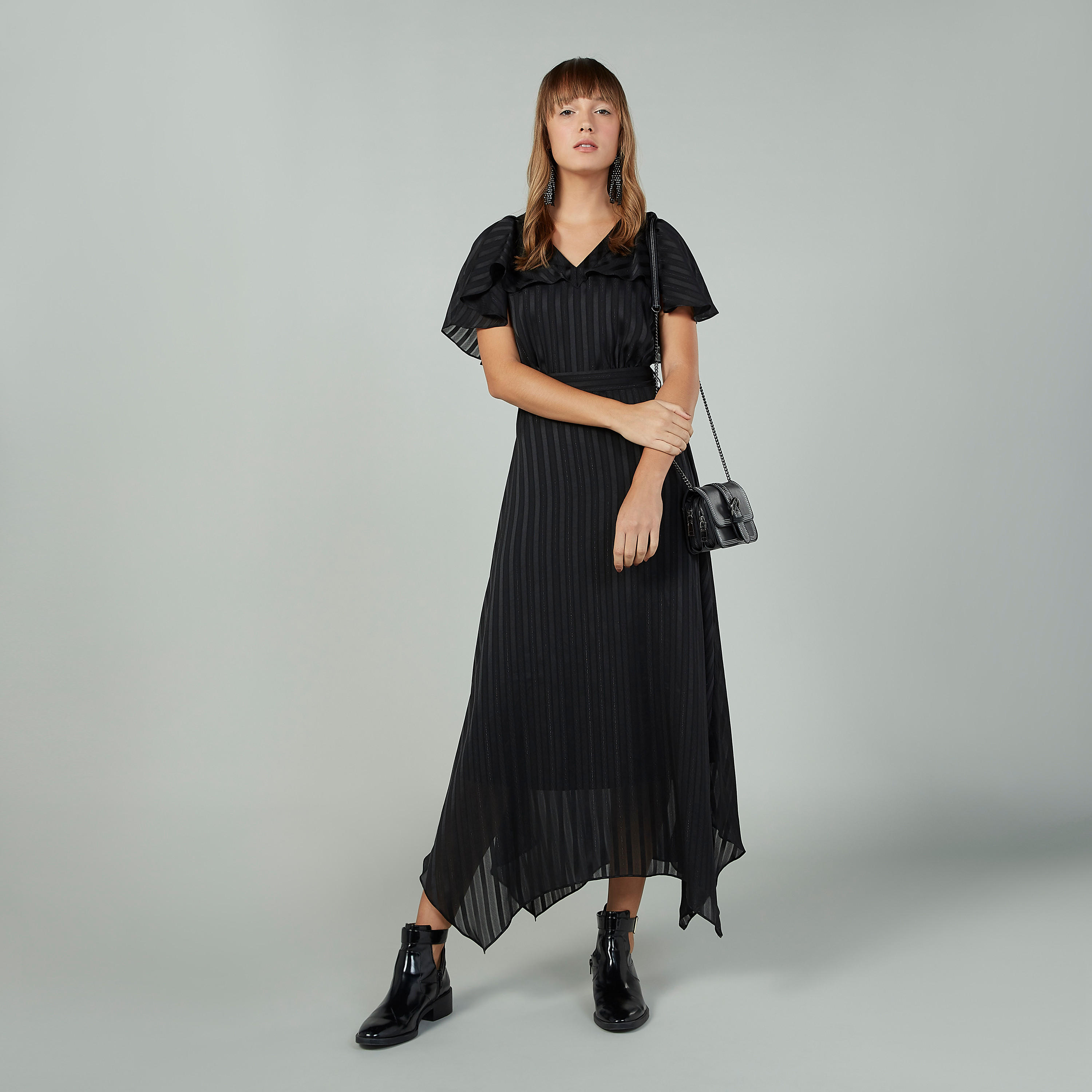 فستان طويل بارز الملمس بأكمام مكشكشة وحوّاف غير مستويّة-women-clothing-dresses-image-2