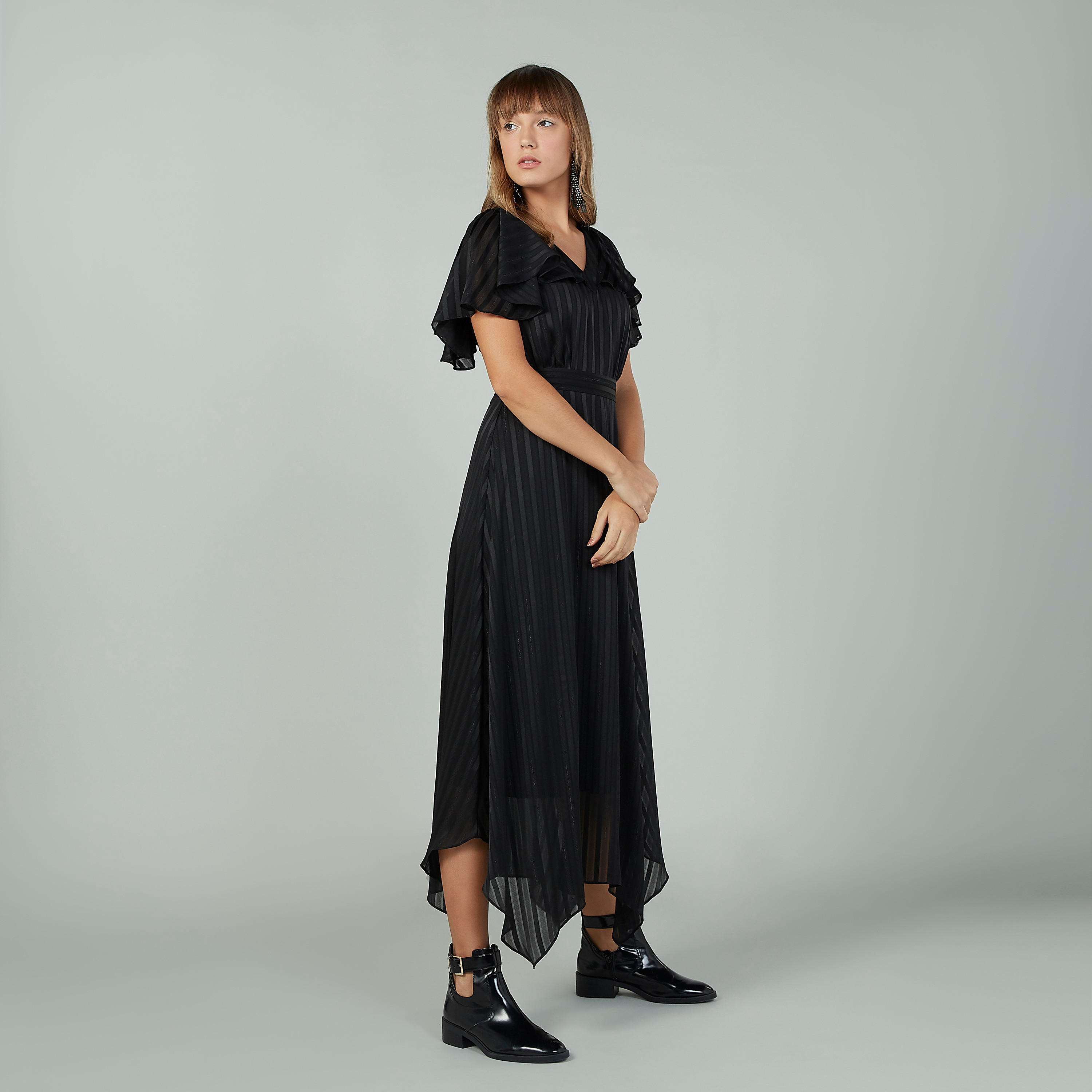 فستان طويل بارز الملمس بأكمام مكشكشة وحوّاف غير مستويّة-women-clothing-dresses-image-4