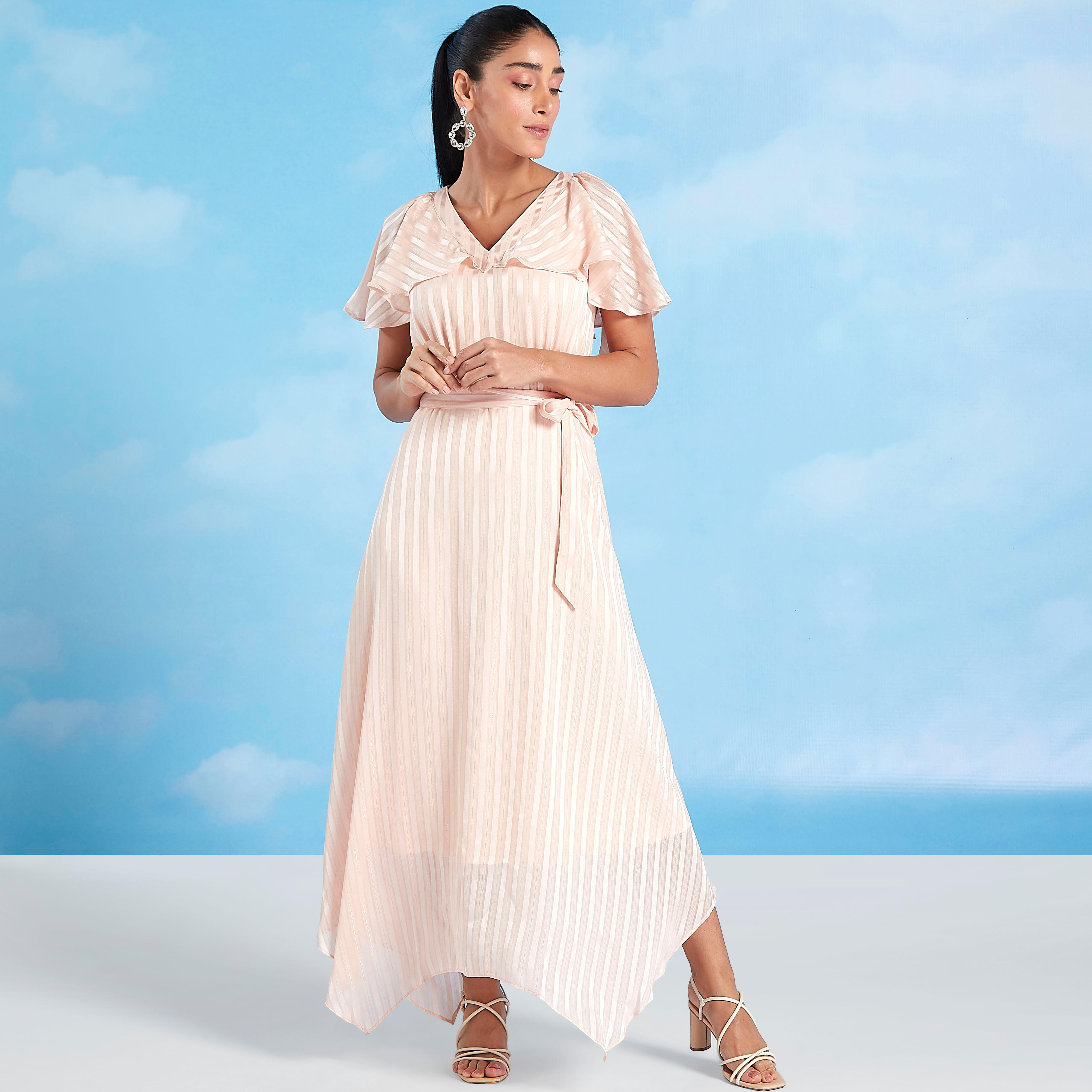 فستان بارز الملمس متوسط الطول بأكمام اسعة وأربطة وحواف غير مستوية-women-clothing-dresses-image-1