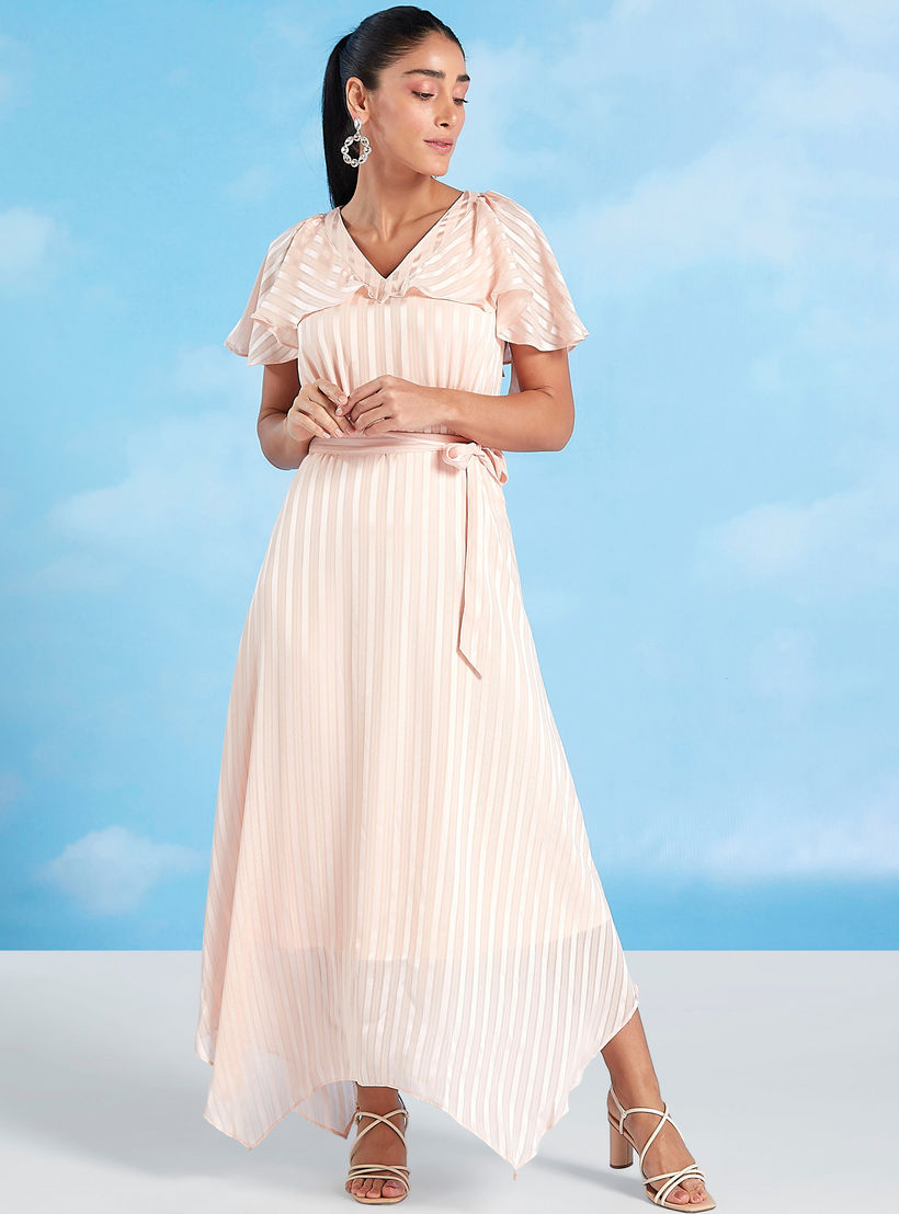 فستان بارز الملمس متوسط الطول بأكمام اسعة وأربطة وحواف غير مستوية-women-clothing-dresses-image-1