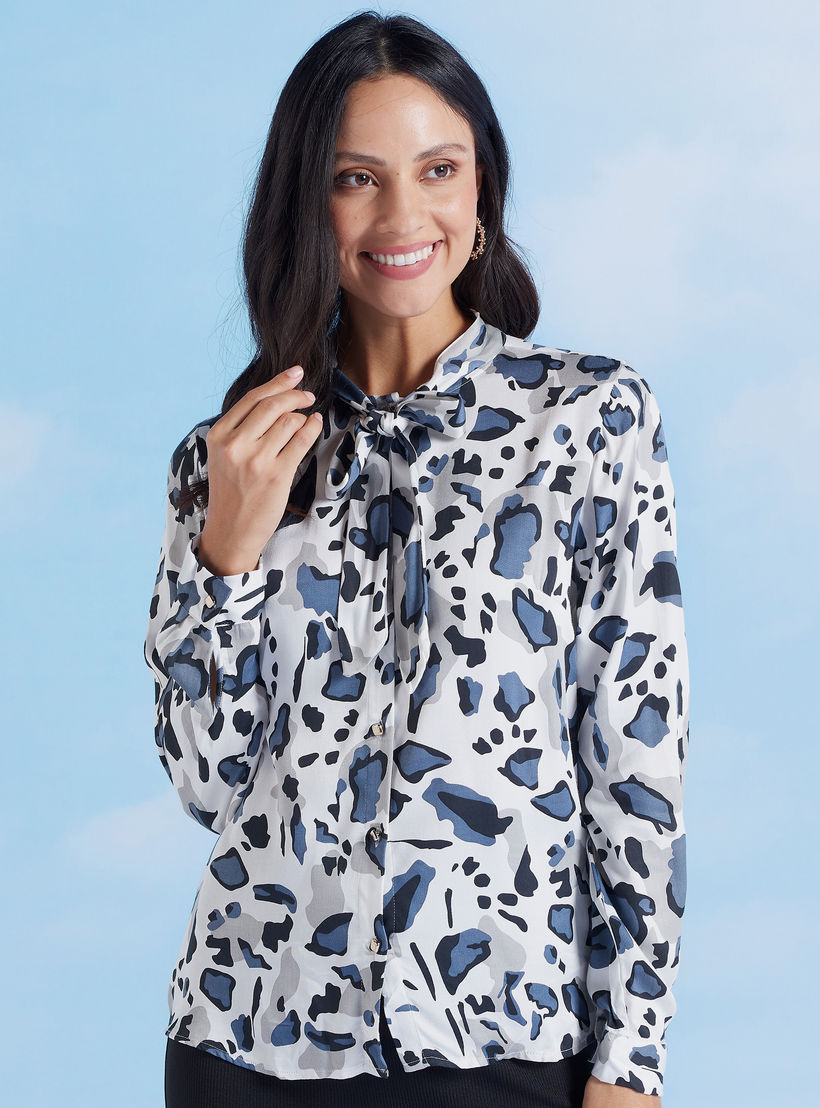 Printed Top with Long Sleeves and Necktie-women-clothing-shirtsandblouses-blouses-image-1