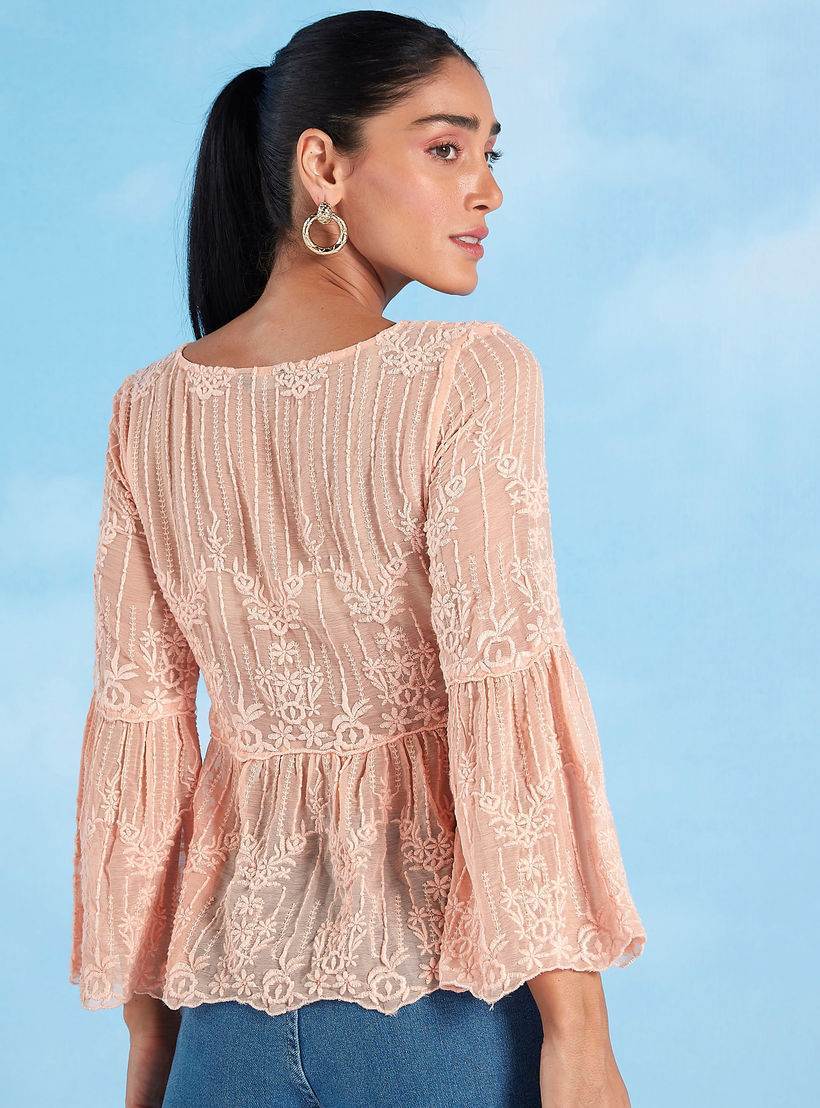 بلوزة مطرزة بياقة مستديرة وأكمام عريضة-women-clothing-shirtsandblouses-blouses-image-1