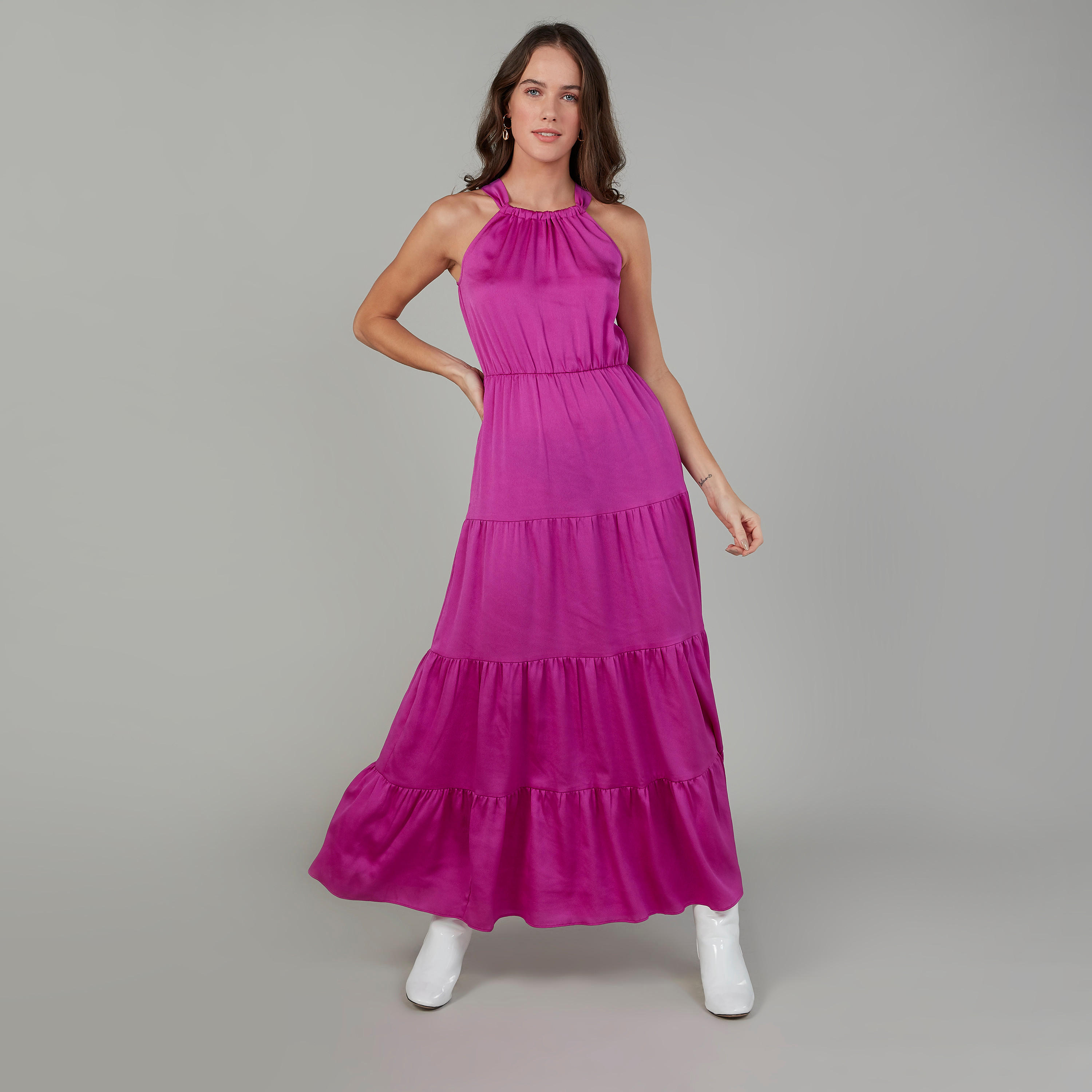فستان مستدام سادة طويل دون أكمام وياقة هالتر-women-clothing-dresses-image-1