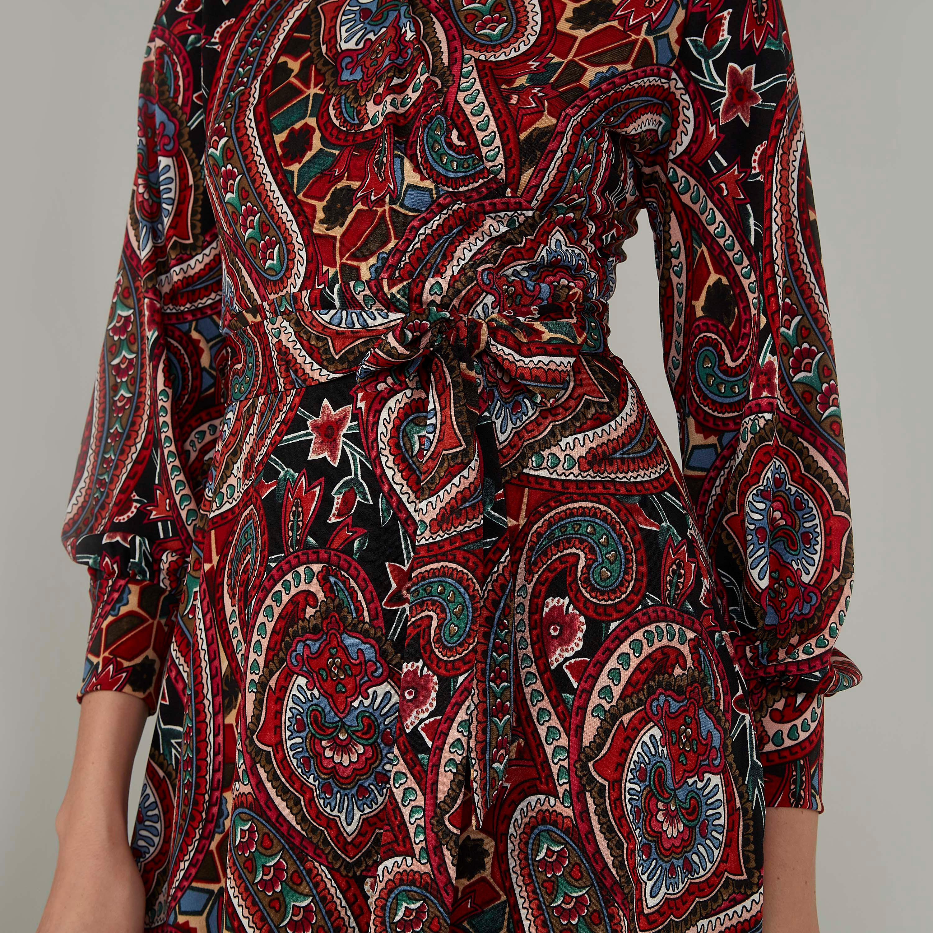 فستان ملفوف متوسط الطول بأكمام بيشوب وأربطة وطبعات بيزلي-women-clothing-dresses-image-3