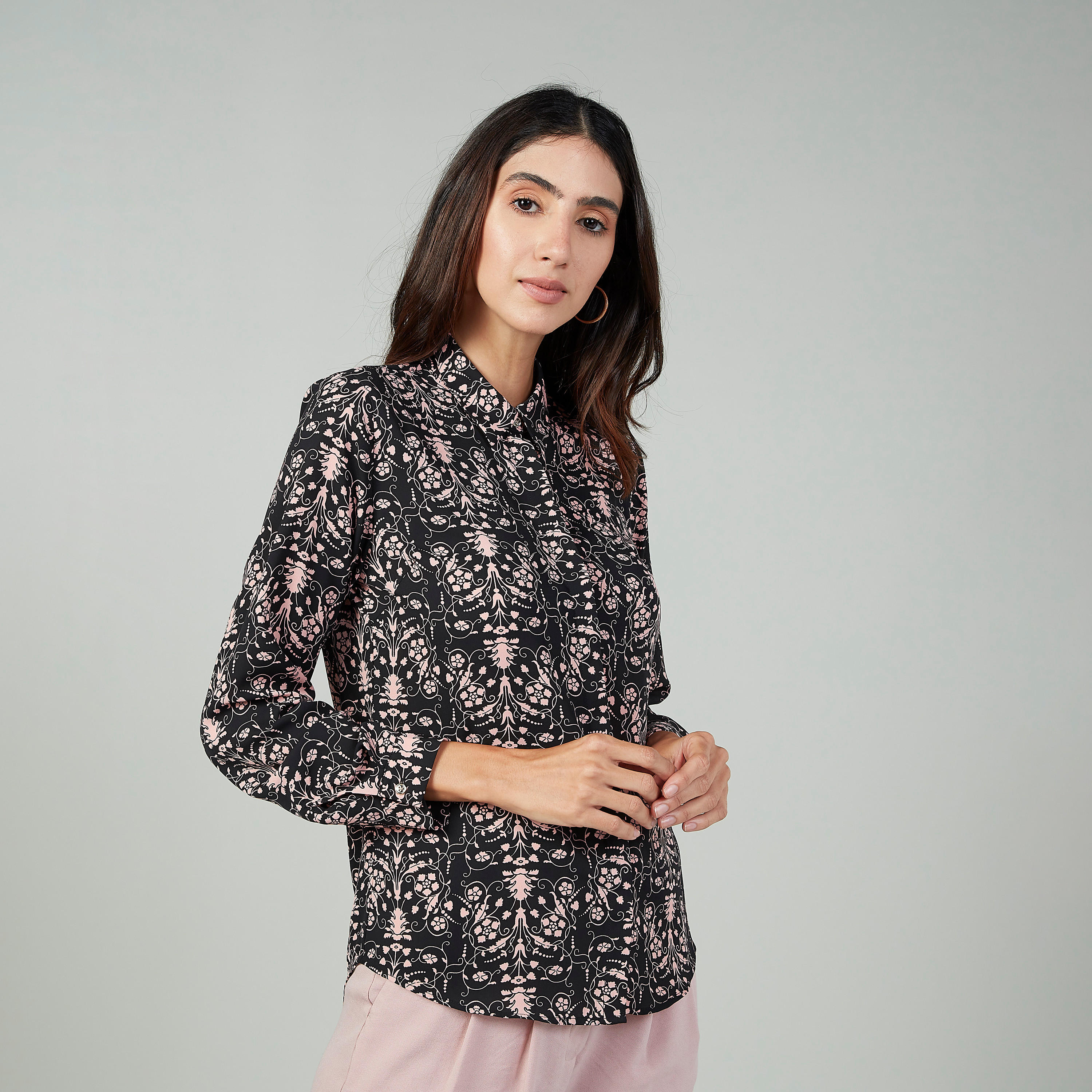 Printed Top with Long Sleeves and Spread Collar-women-clothing-shirtsandblouses-blouses-image-1