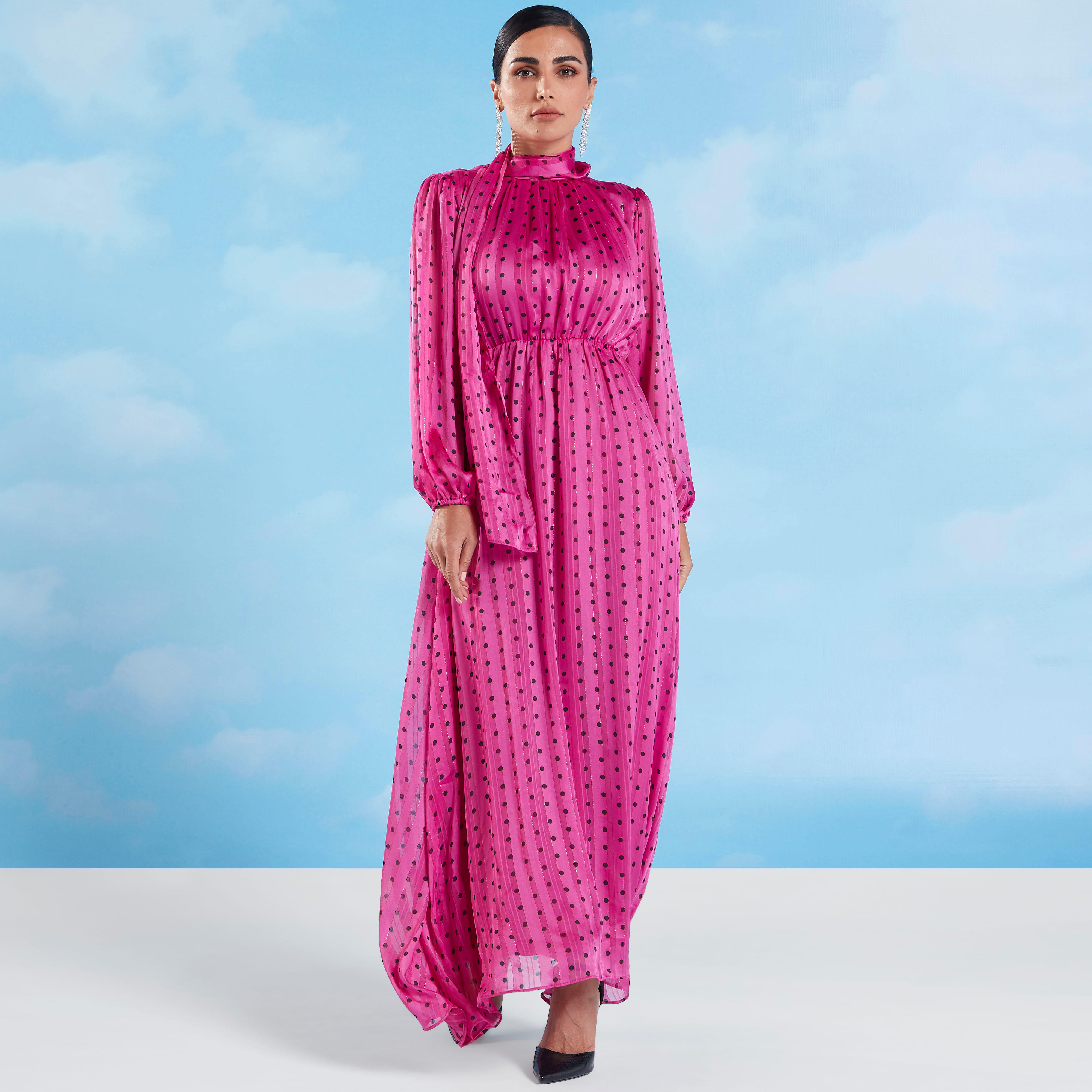 فستان طويل بأكمام بيشوب وطبعات منقّطة مع ربطة عنق-women-clothing-dresses-image-1