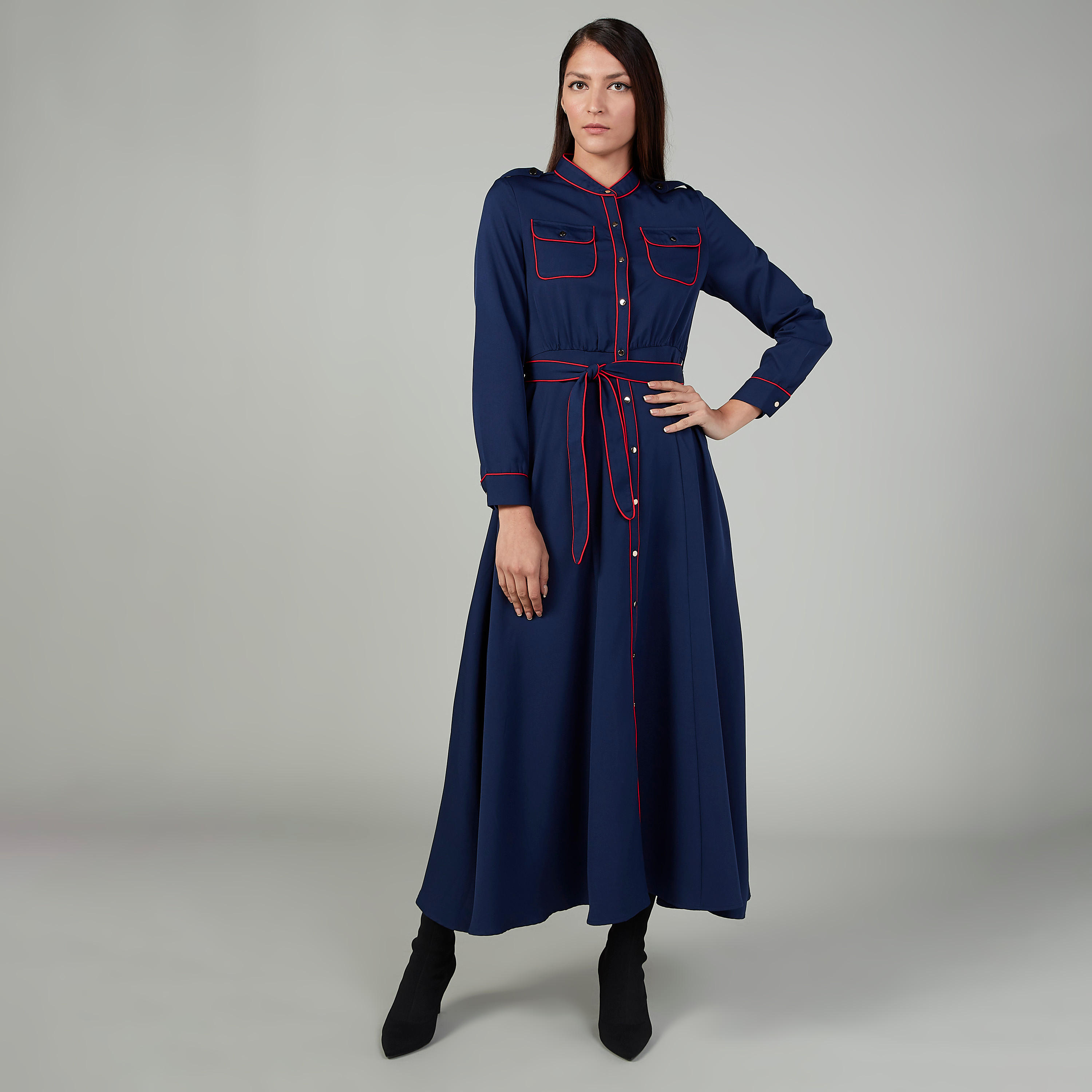 فستان قميص طويل سادة بأكمام طويلة وجيوب-women-clothing-dresses-image-1
