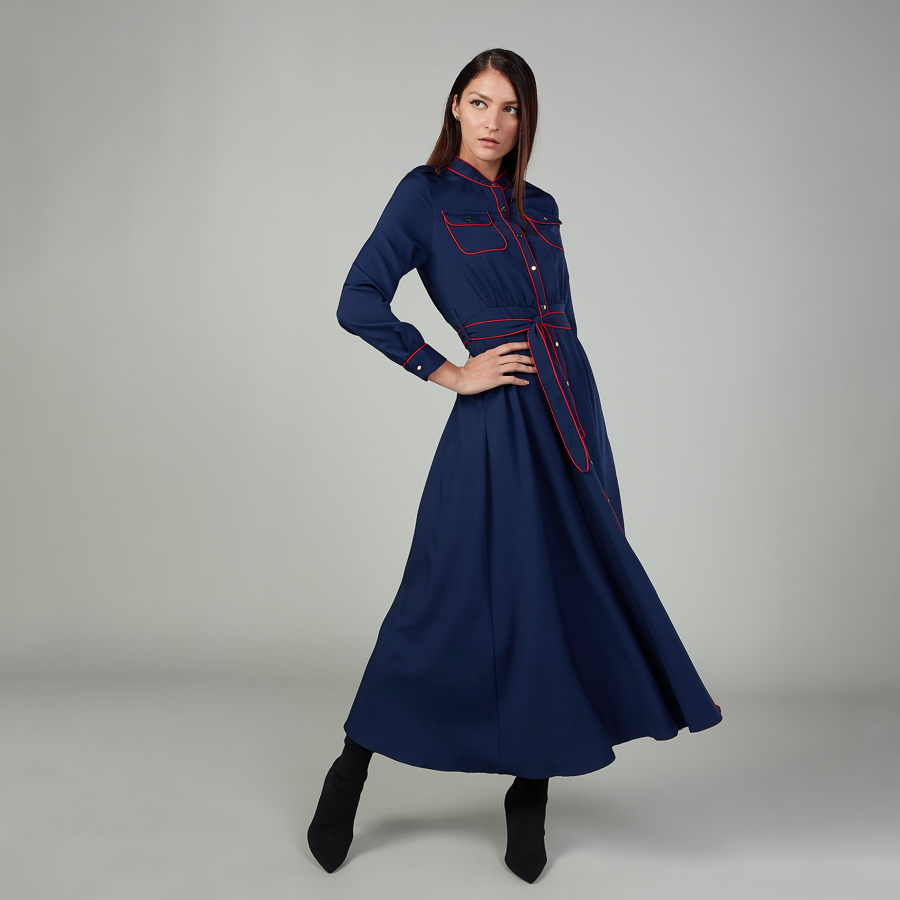 فستان قميص طويل سادة بأكمام طويلة وجيوب-women-clothing-dresses-image-2