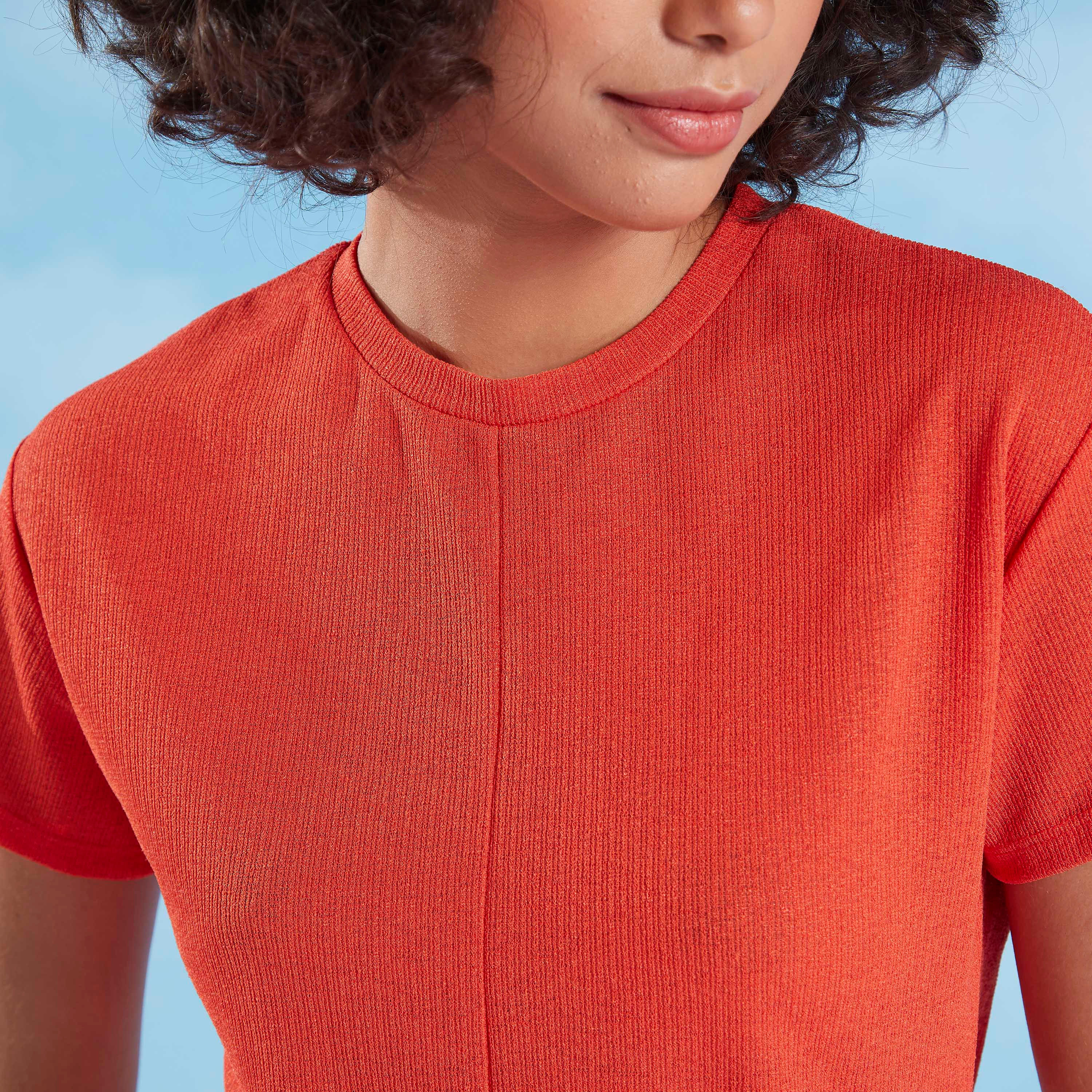 فستان ميدي بارز الملمس بأكمام قصيرة وحزام-women-clothing-dresses-image-4
